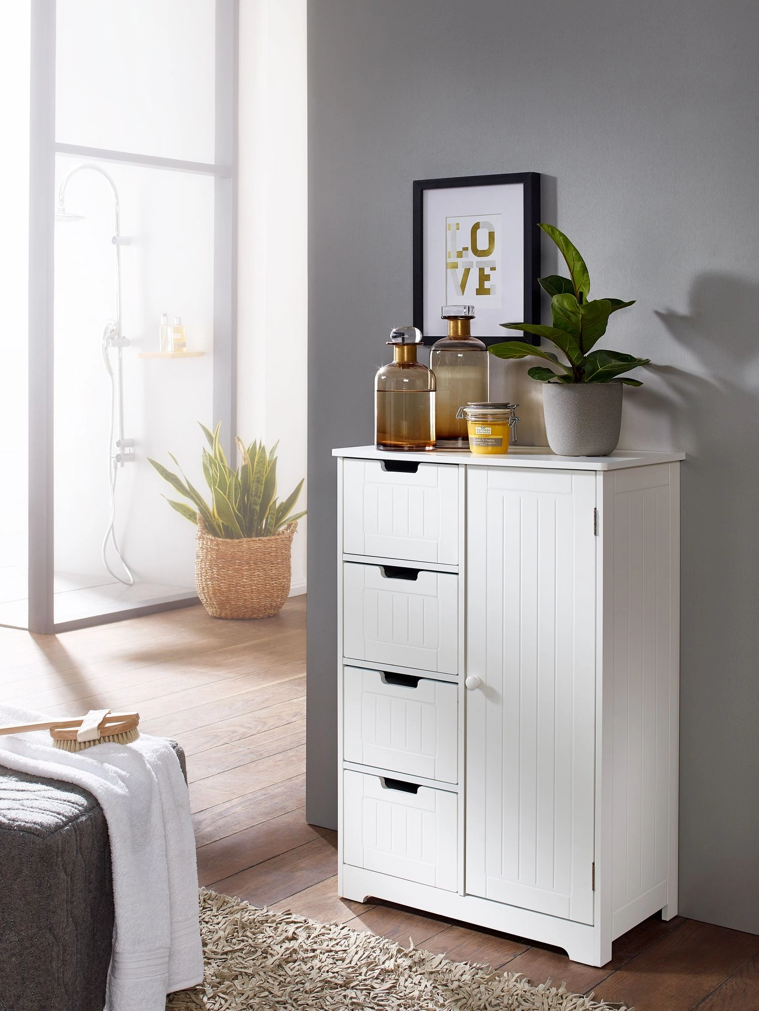 FineBuy Design Badschrank PATTI Landhaus-Stil MDF-Holz 56 x 83 x 30 cm weiß, Badezimmerschrank klein 4 Schubladen & 1 Tür, Beistellschrank Mehrzweckschrank