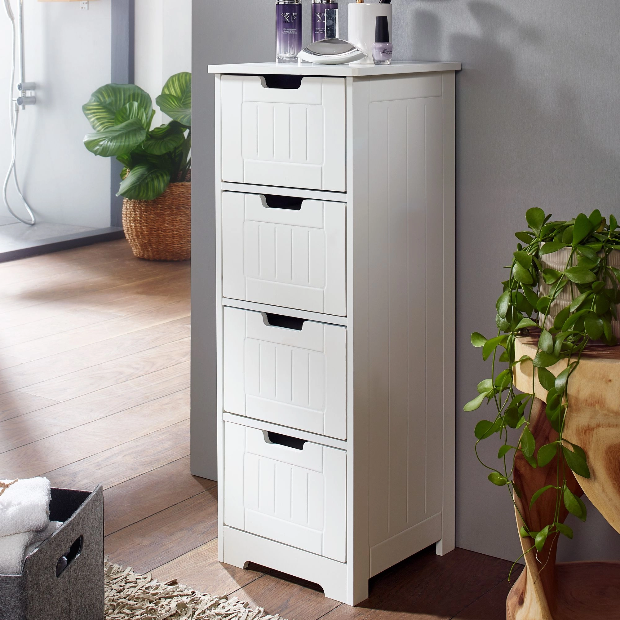 FineBuy Design Badschrank PATTI Landhaus-Stil MDF-Holz 30 x 83 x 30 cm weiß, Badezimmerschrank klein 4 Schubladen, Beistellschrank Mehrzweckschrank