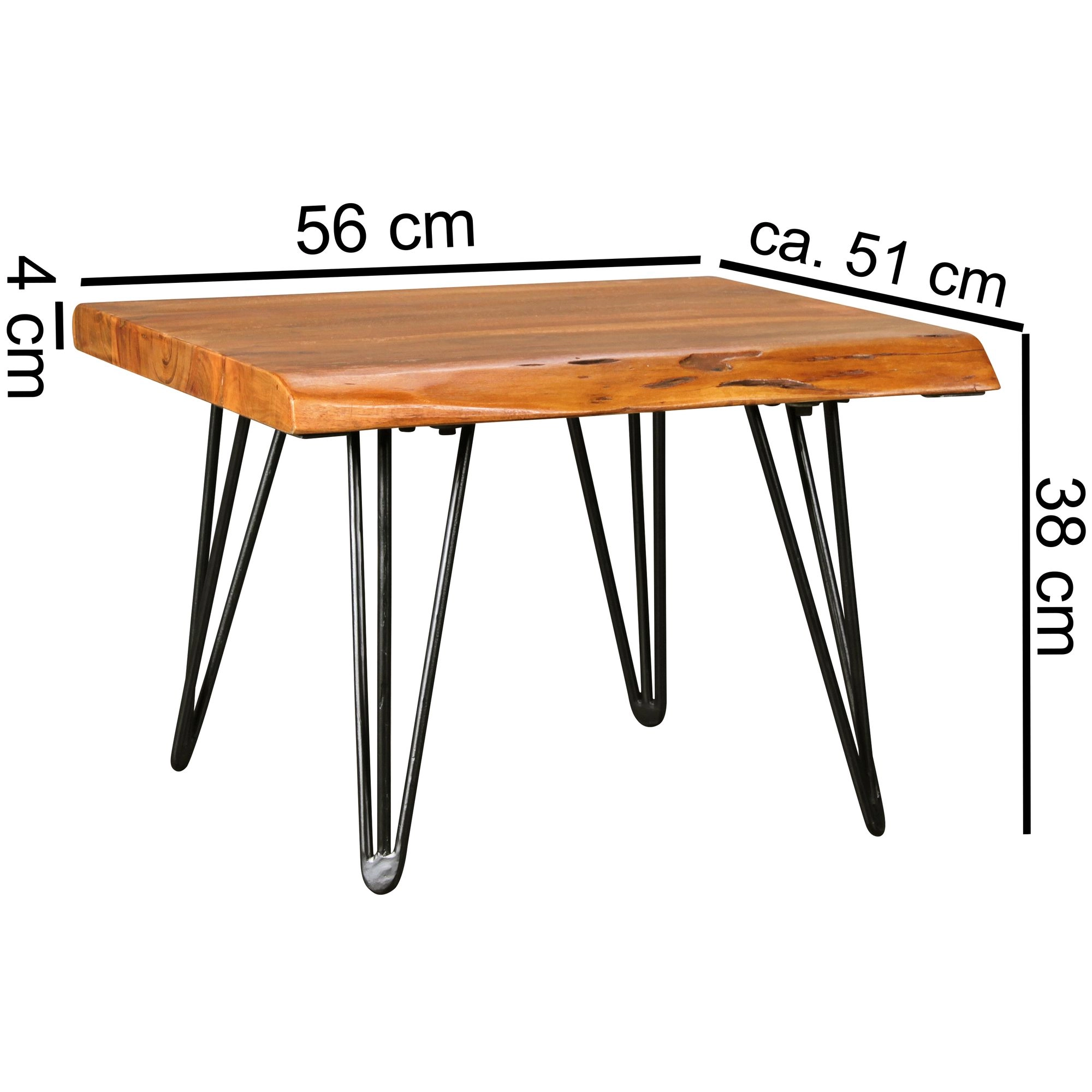 FineBuy Design Couchtisch Massivholz Tisch Baumkante 56 x 38 x 51 cm, Sheesham Holztisch mit Metallbeinen, Wohnzimmertisch im rustikalen Landhausstil