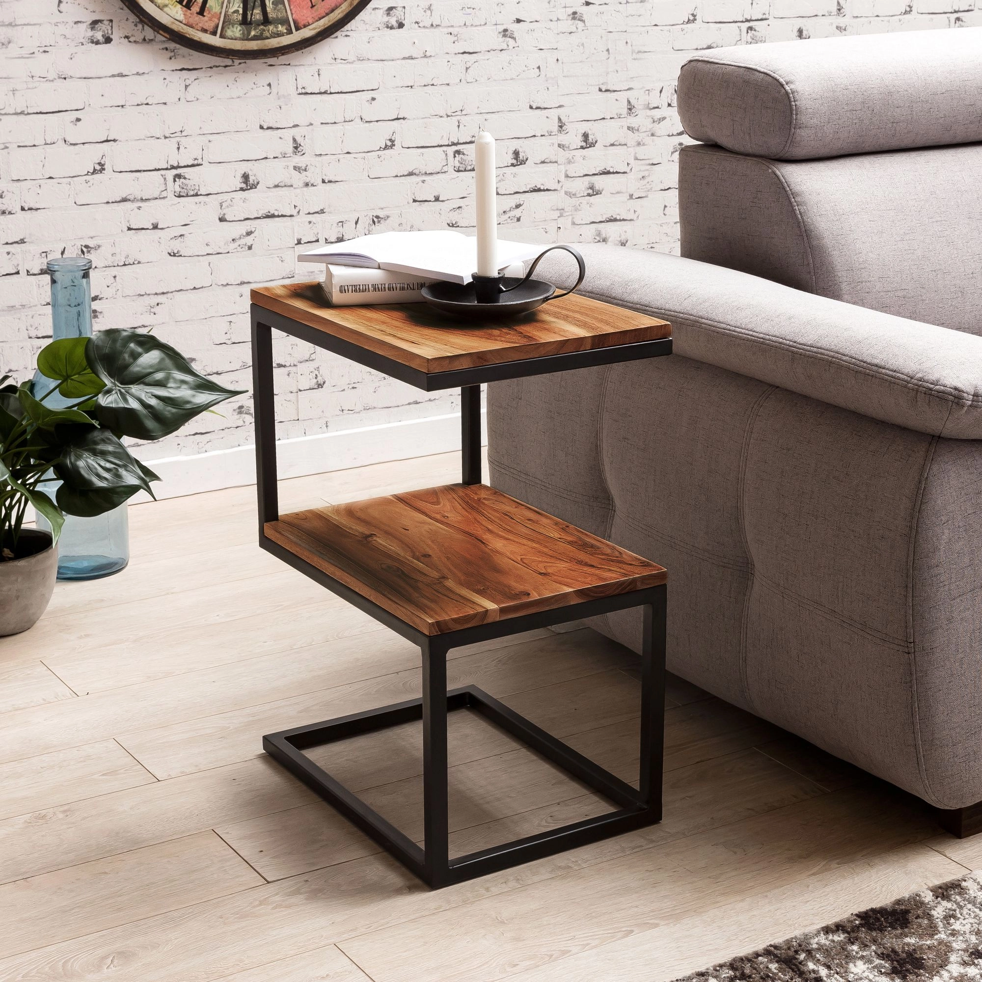 FineBuy Beistelltisch S-Form Massivholz / Metall 45 x 60 x 30 cm, Design Wohnzimmertisch Landhaus-Stil, Anstelltisch Ablagetisch eckig