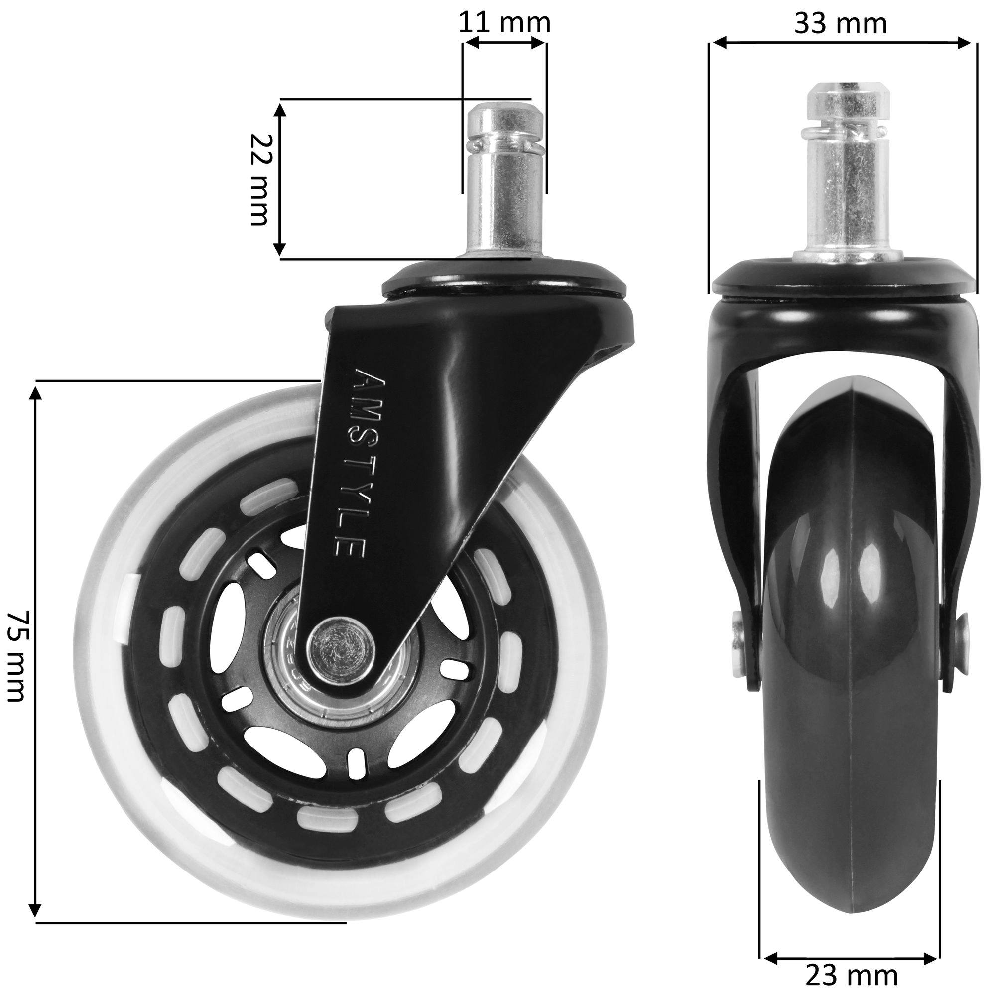 FineBuy 5er-Set Universal Bürostuhlrollen Ø 75mm - Stift 11mm Gummi Rollen Leise, Hartboden Rollen, Parkett, Laminat, Fliesen, Premium Hartbodenrollen, Schwerlastrollen für Bürostuhl