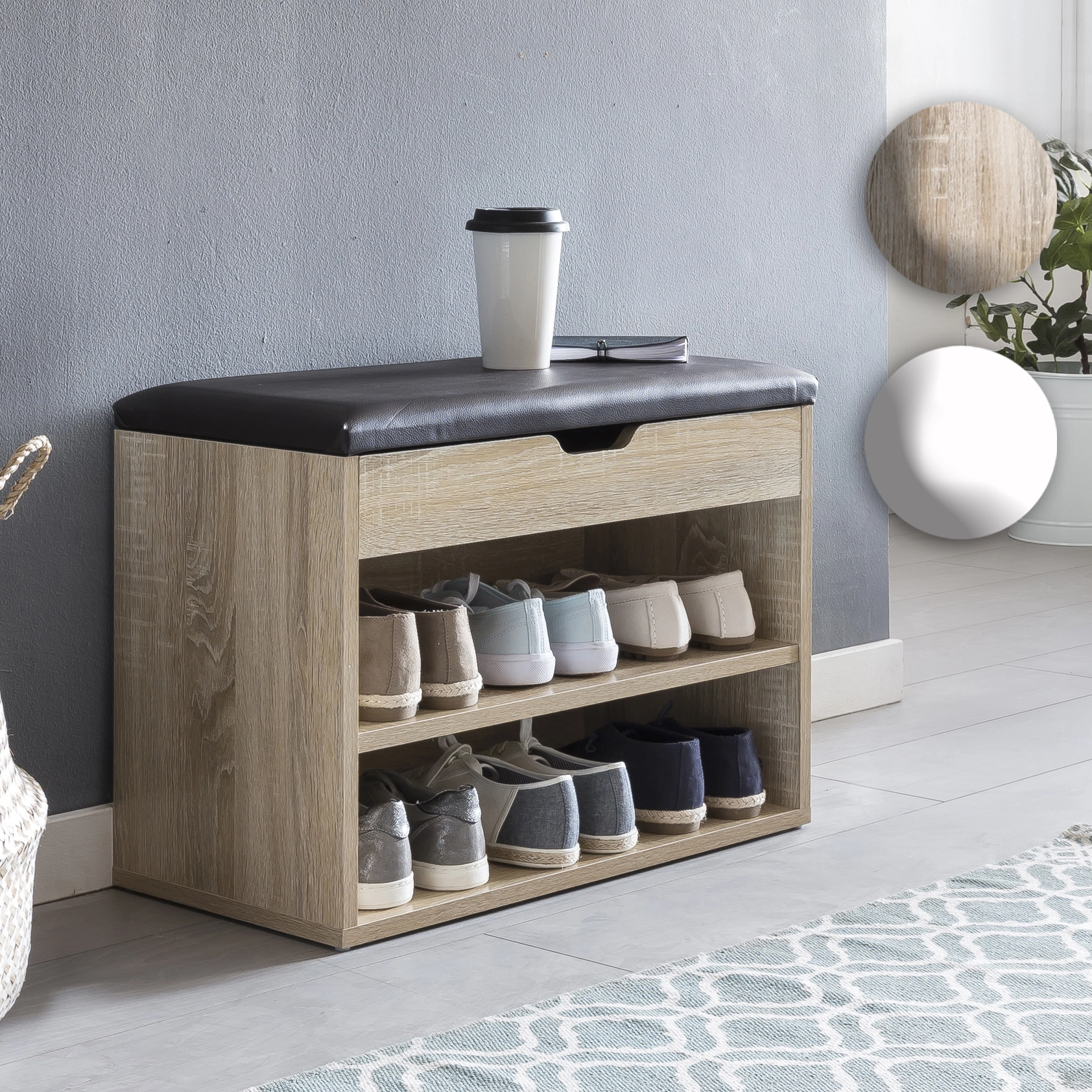 FineBuy Schuhbank mit Sitzfläche Garderoben-Bank Holz 60 x 40 x 30 cm, Holzbank klein gepolstert, Sitzbank schmal Flur mit Stauraum, Truhenbank Schuhtruhe Flurmöbel