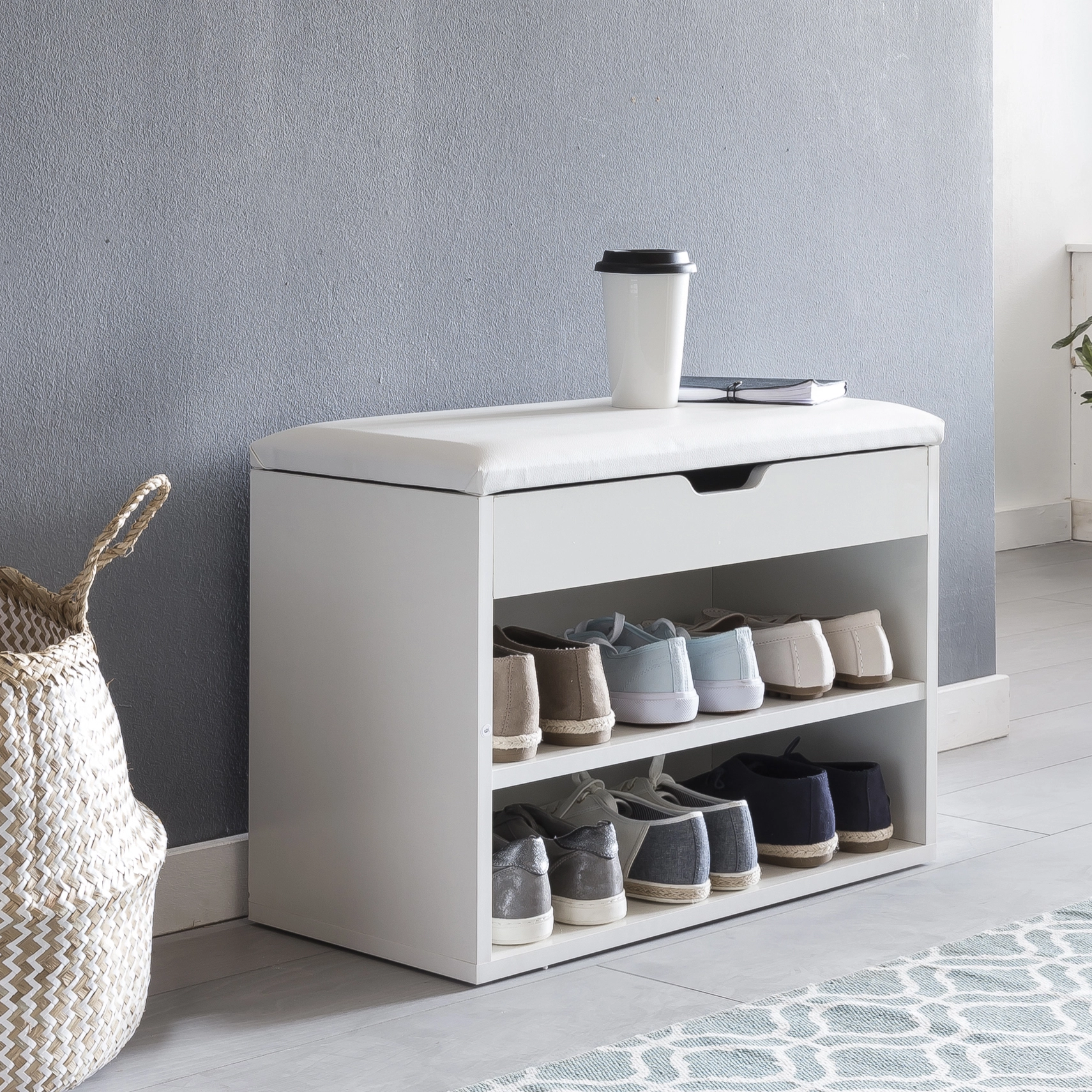 FineBuy Schuhbank mit Sitzfläche Garderoben-Bank Holz 60 x 40 x 30 cm, Holzbank klein gepolstert, Sitzbank schmal Flur mit Stauraum, Truhenbank Schuhtruhe Flurmöbel