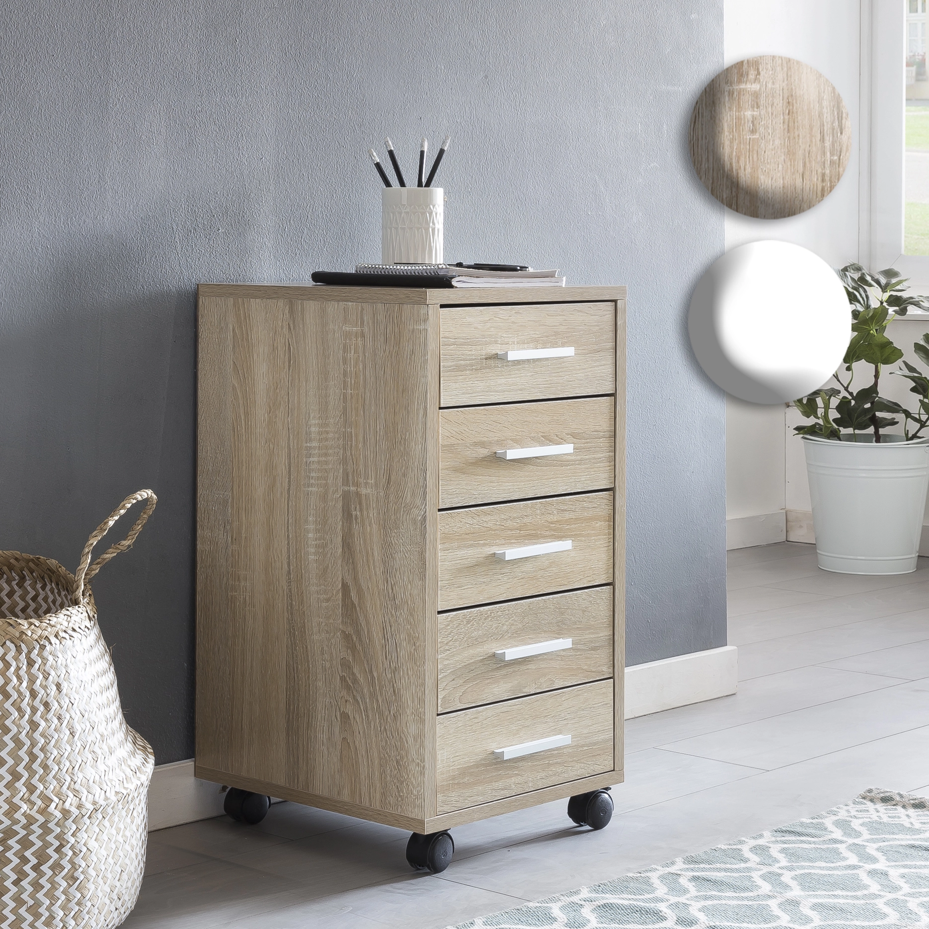 Finebuy Rollcontainer 33 x 63 x 38 cm Holz Schubladenschrank Schreibtisch, Büro Schrank mit 5 Schubladen, Container Rollschrank klein Standcontainer schmal, Schreibtischcontainer mit Rollen
