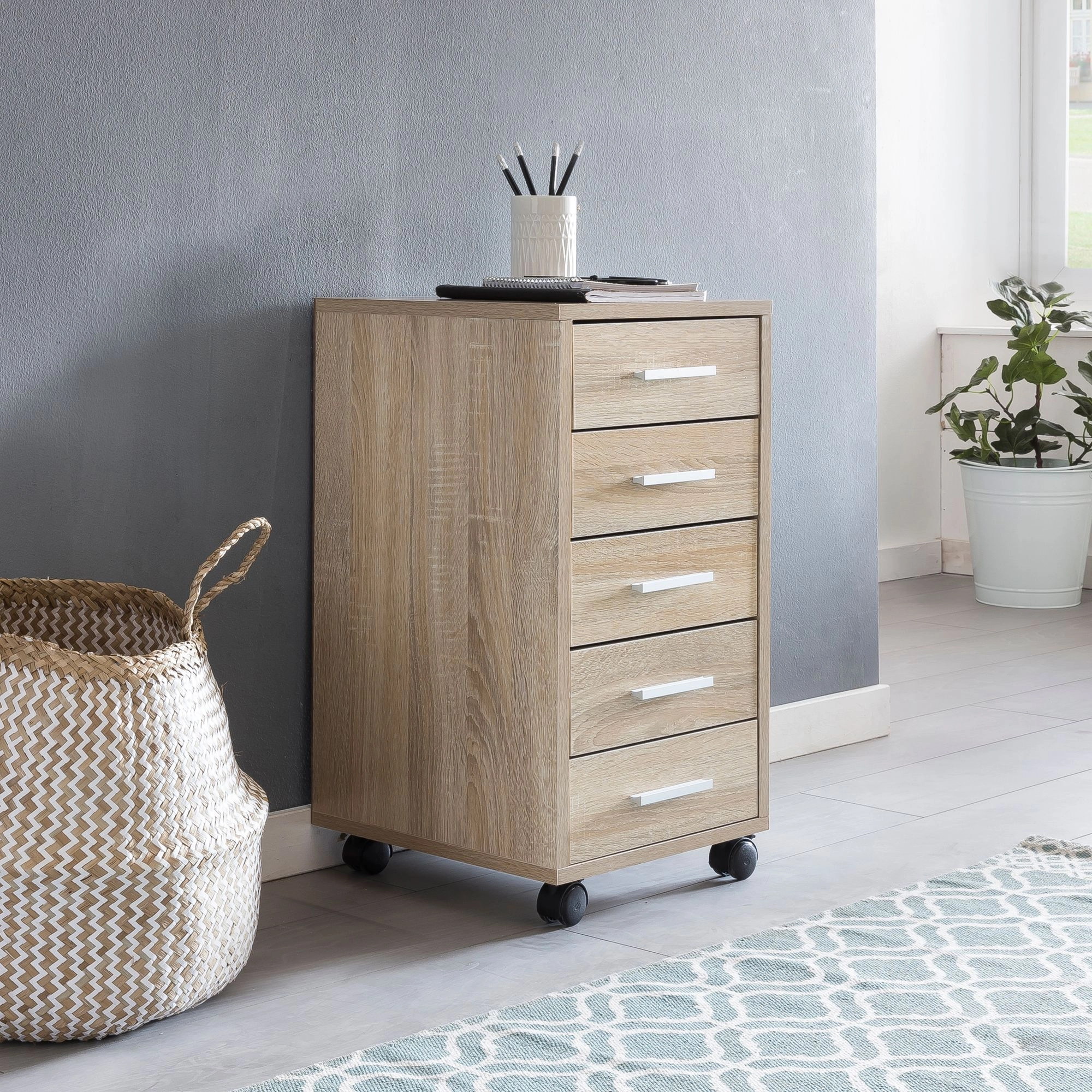 Finebuy Rollcontainer 33 x 63 x 38 cm Holz Schubladenschrank Schreibtisch, Büro Schrank mit 5 Schubladen, Container Rollschrank klein Standcontainer schmal, Schreibtischcontainer mit Rollen