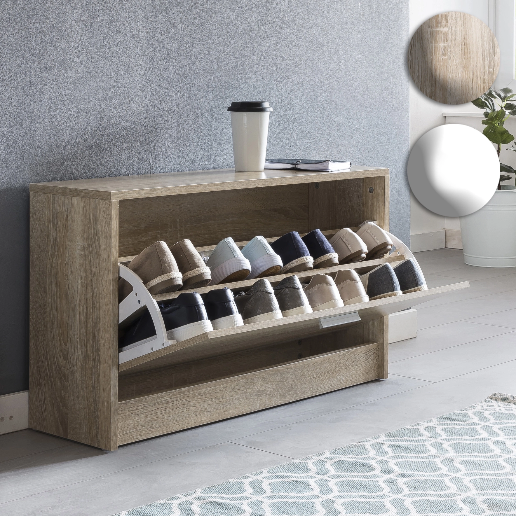 FineBuy Schuhbank SPLIT mit Sitzfläche Schuhkipper Holz 80 x 47 x 24 cm, Flurbank klein geschlossen, Sitzbank schmal Flur mit Stauraum, Schuhschrank einzeln Garderobenbank Bank Flurmöbel