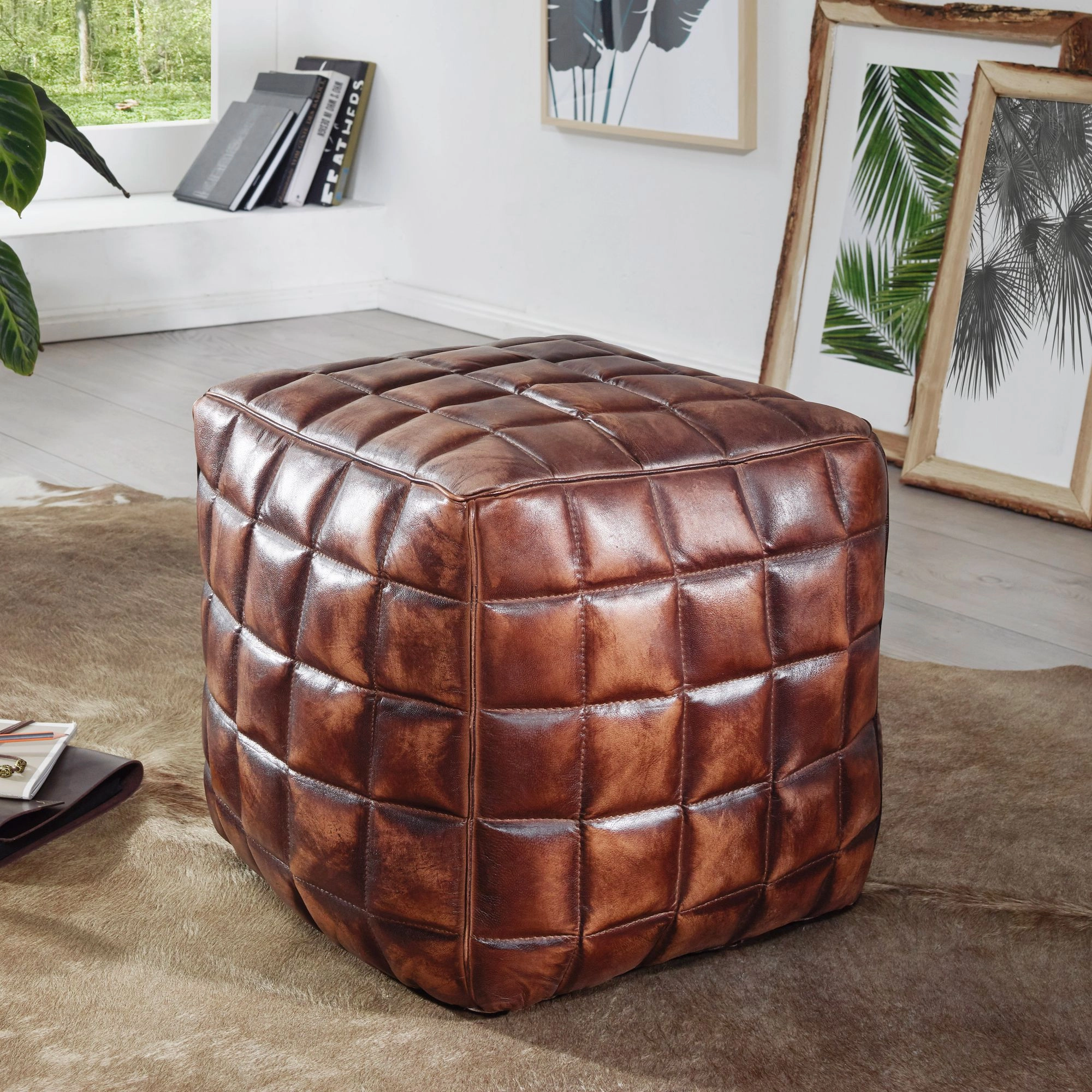 FineBuy Sitzwürfel Echtleder braun 39 x 41 x 39 cm Ottomane Wohnzimmer, Design Pouf Hocker orientalisch, Polster Sitzhocker edel, Orient Beinablage Sofa, Würfel Polsterhocker eckig