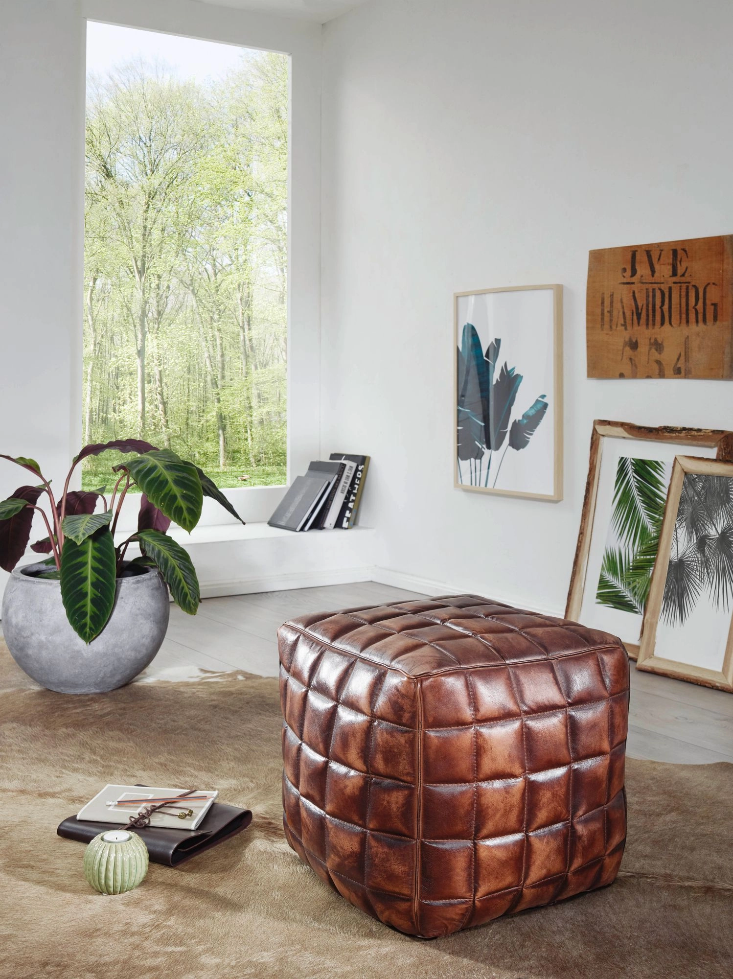 FineBuy Sitzwürfel Echtleder braun 39 x 41 x 39 cm Ottomane Wohnzimmer, Design Pouf Hocker orientalisch, Polster Sitzhocker edel, Orient Beinablage Sofa, Würfel Polsterhocker eckig