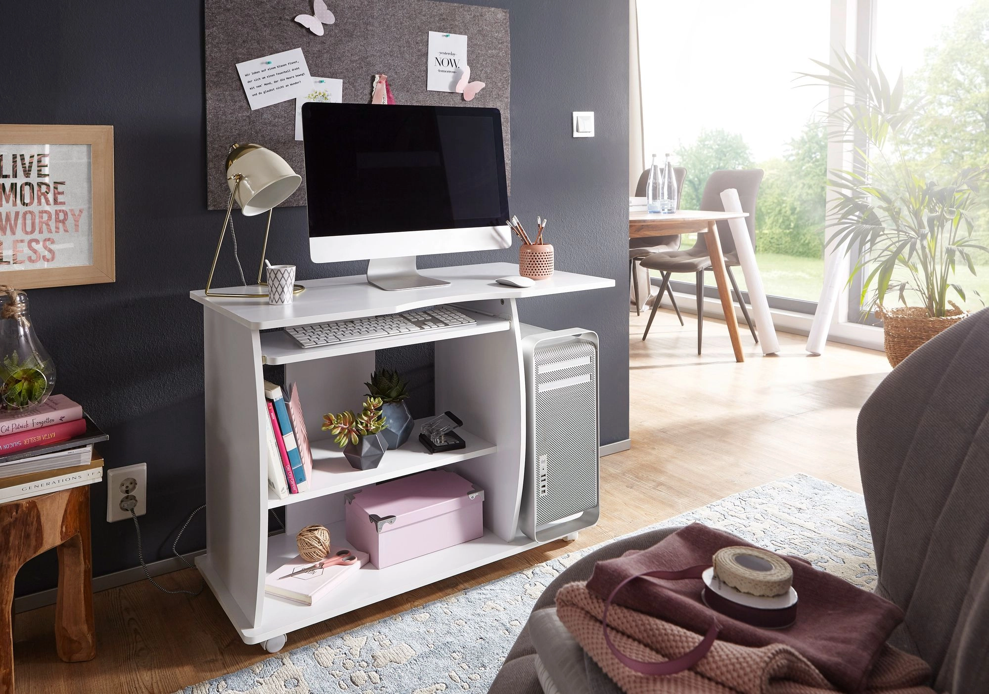 FineBuy Computertisch GRASSE rollbar Weiß 90 x 71 x 50 cm mit Tastaturauszug, Laptop Tisch auf feststellbaren Rollen, PC-Tisch mit Drucker-Ablage platzsparend, Schreibtisch für kleine Räume