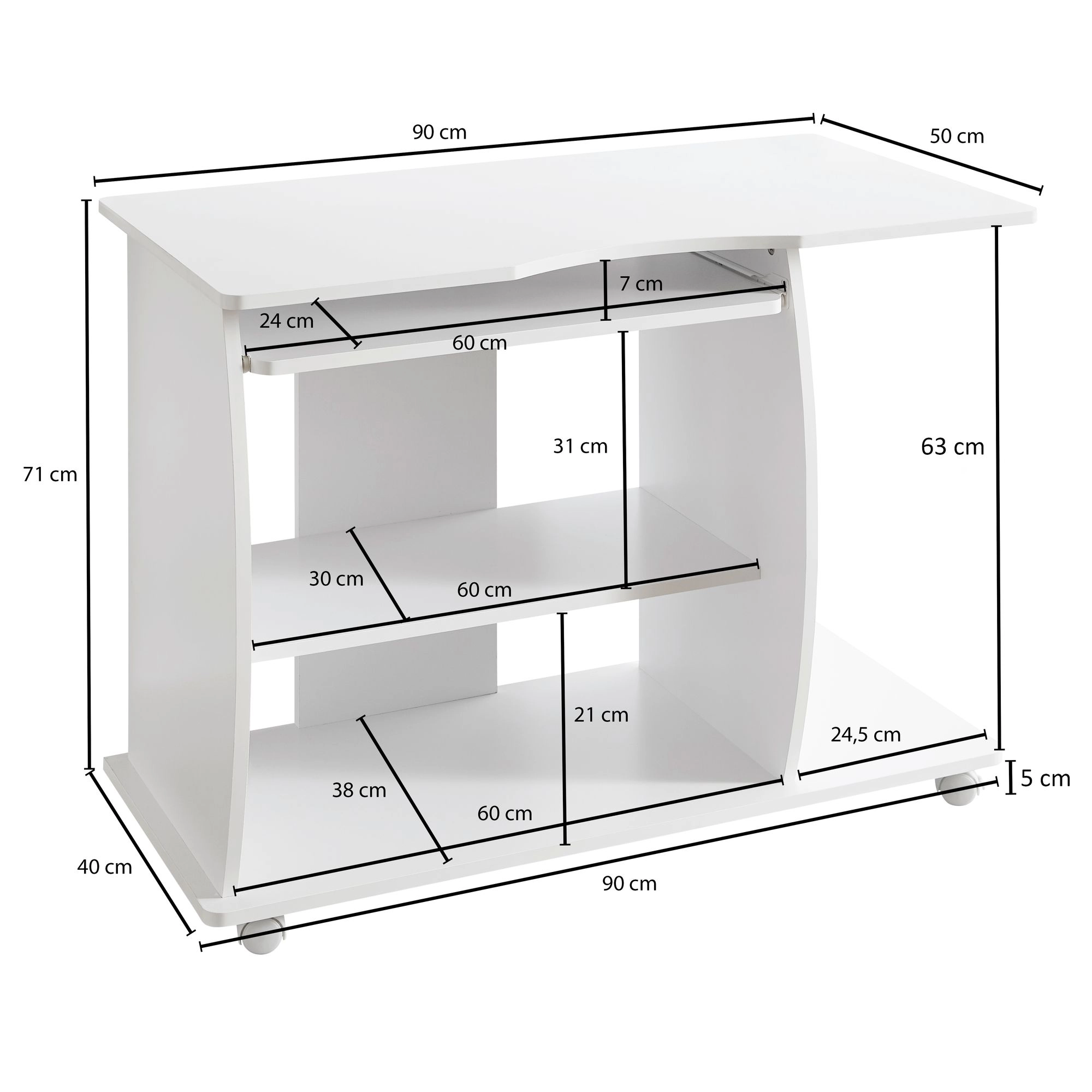 FineBuy Computertisch GRASSE rollbar Weiß 90 x 71 x 50 cm mit Tastaturauszug, Laptop Tisch auf feststellbaren Rollen, PC-Tisch mit Drucker-Ablage platzsparend, Schreibtisch für kleine Räume