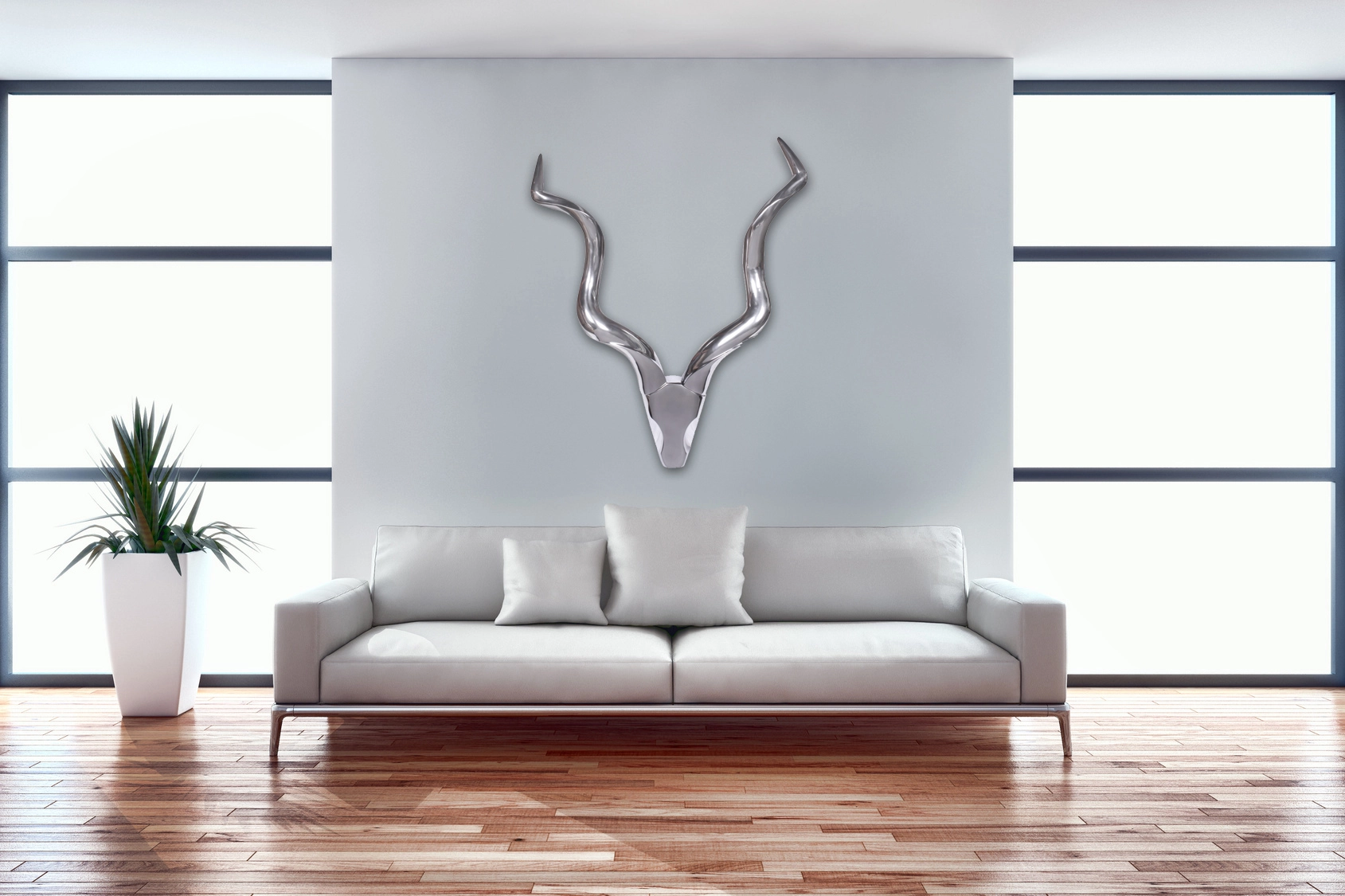 FineBuy Deko Hirschgeweih Aluminium Wanddeko Landhausstil Silber Metall modern, Design Hirschkopf Landhaus Geweih Wand, Wohndeko Hirsch außen, Wandschmuck
