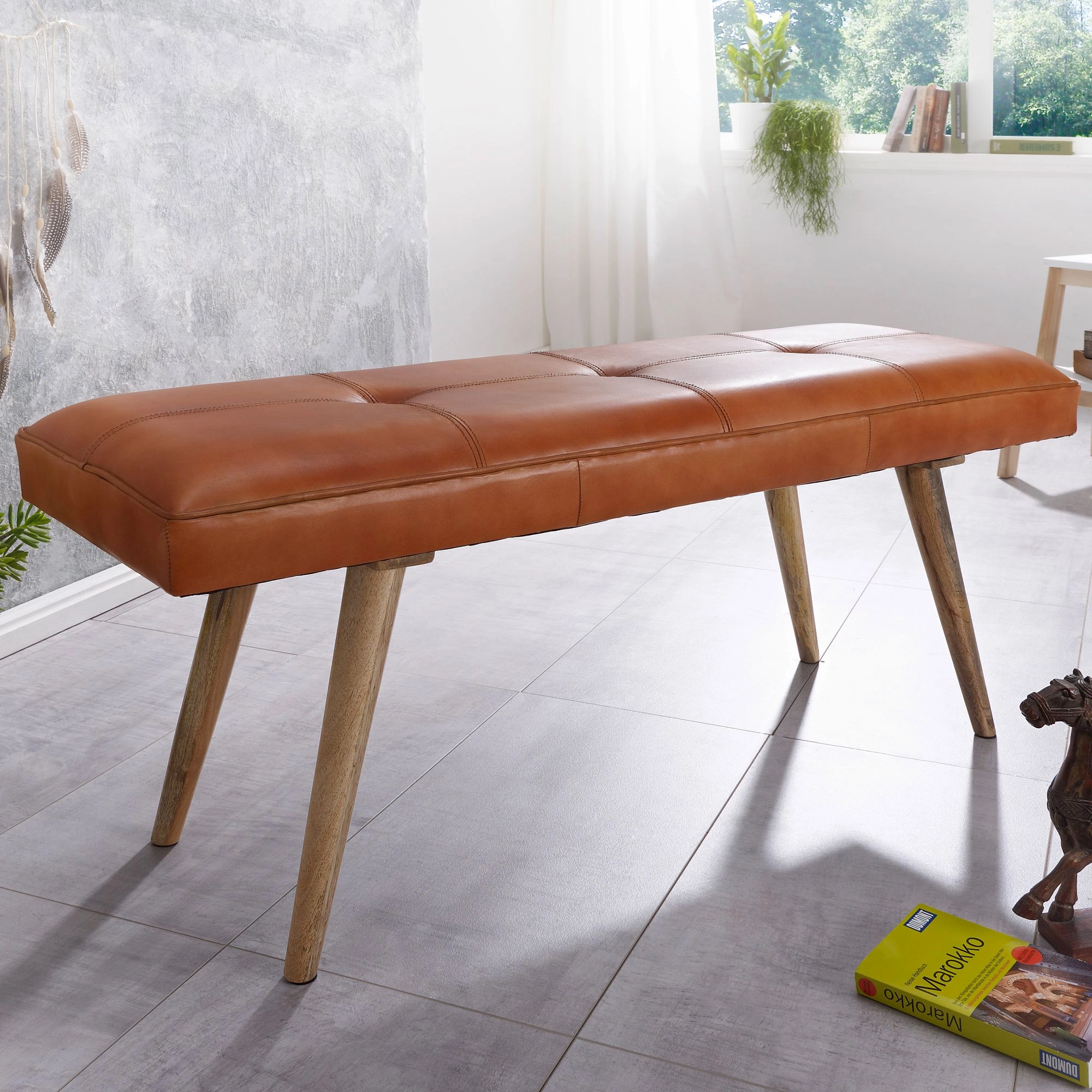 FineBuy Sitzbank Ziegenleder / Massivholz Bank 117 x 51 x 38 cm Retro Stil, 2er Polsterbank Flur, Gepolsterte Lederbank Esszimmer braun, Kleine Bettbank Echtleder, Dielenmöbel Flurbank