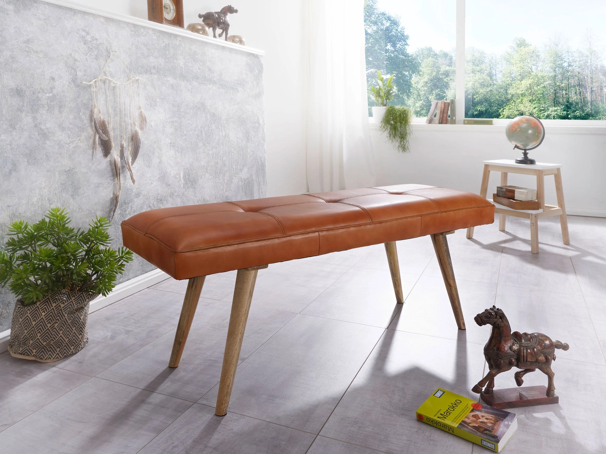 FineBuy Sitzbank Ziegenleder / Massivholz Bank 117 x 51 x 38 cm Retro Stil, 2er Polsterbank Flur, Gepolsterte Lederbank Esszimmer braun, Kleine Bettbank Echtleder, Dielenmöbel Flurbank