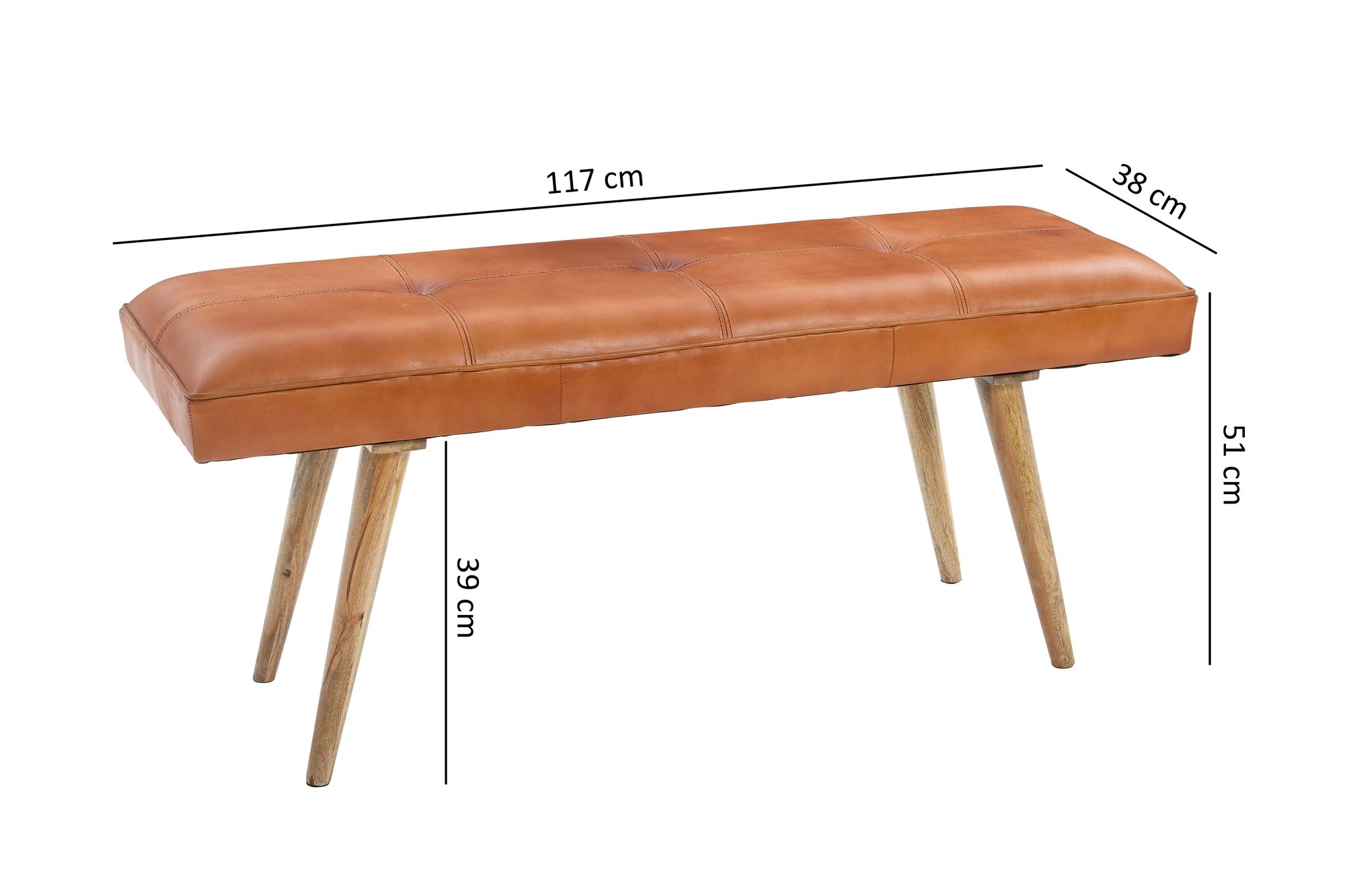 FineBuy Sitzbank Ziegenleder / Massivholz Bank 117 x 51 x 38 cm Retro Stil, 2er Polsterbank Flur, Gepolsterte Lederbank Esszimmer braun, Kleine Bettbank Echtleder, Dielenmöbel Flurbank