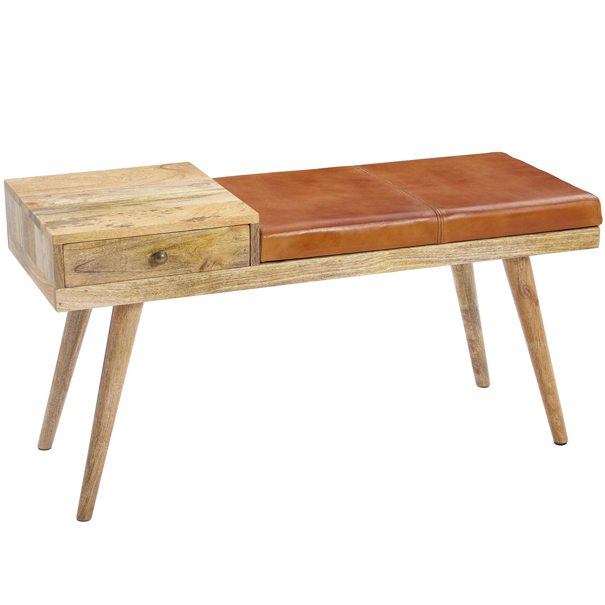 FineBuy Sitzbank Ziegenleder / Massivholz Bank 100 x 52 x 38 cm im Retro Stil, Flur Polsterbank mit Stauraum, Gepolsterte Lederbank Aufbewahrung braun, Kleine Bettbank Echtleder, Flurbank