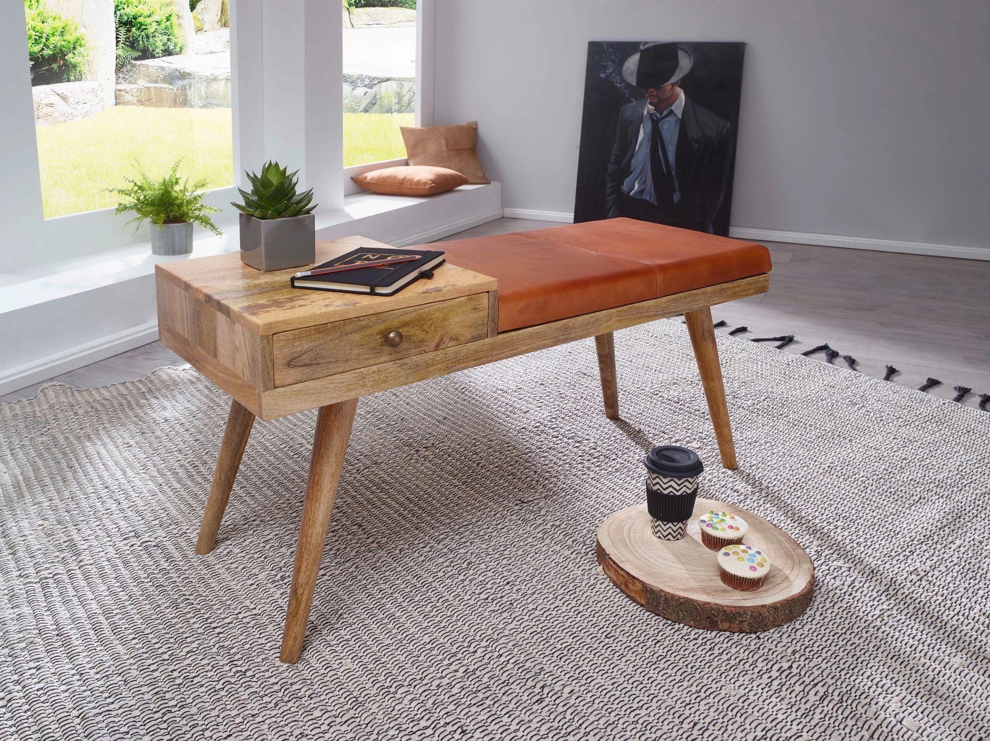 FineBuy Sitzbank Ziegenleder / Massivholz Bank 100 x 52 x 38 cm im Retro Stil, Flur Polsterbank mit Stauraum, Gepolsterte Lederbank Aufbewahrung braun, Kleine Bettbank Echtleder, Flurbank