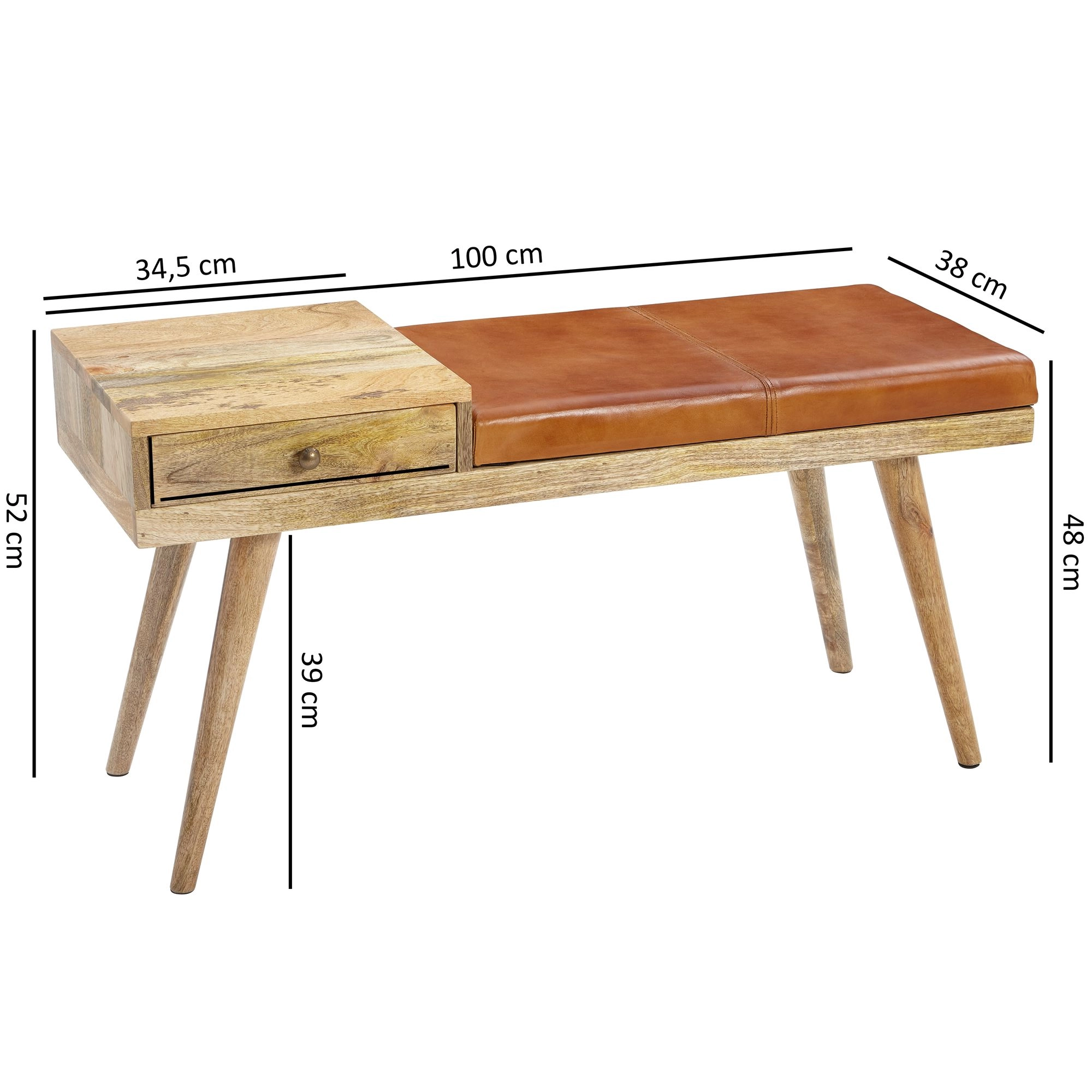 FineBuy Sitzbank Ziegenleder / Massivholz Bank 100 x 52 x 38 cm im Retro Stil, Flur Polsterbank mit Stauraum, Gepolsterte Lederbank Aufbewahrung braun, Kleine Bettbank Echtleder, Flurbank