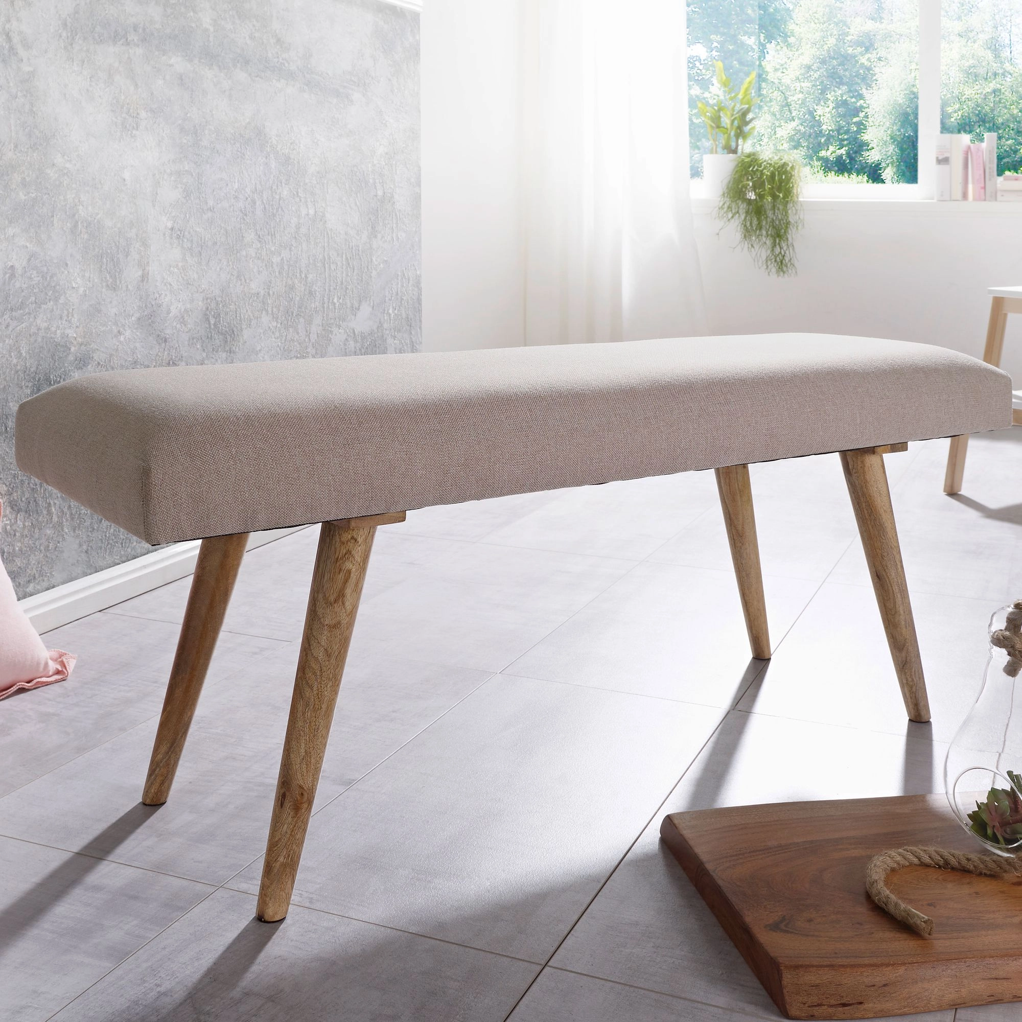 FineBuy Sitzbank Stoff / Massivholz Bank beige 117x51x38 cm im Retro Stil, 2er Polsterbank Flur, Gepolsterte Stoffbank Esszimmer braun, Kleine Bettbank Baumwolle, Flurbank Dielenmöbel schmal