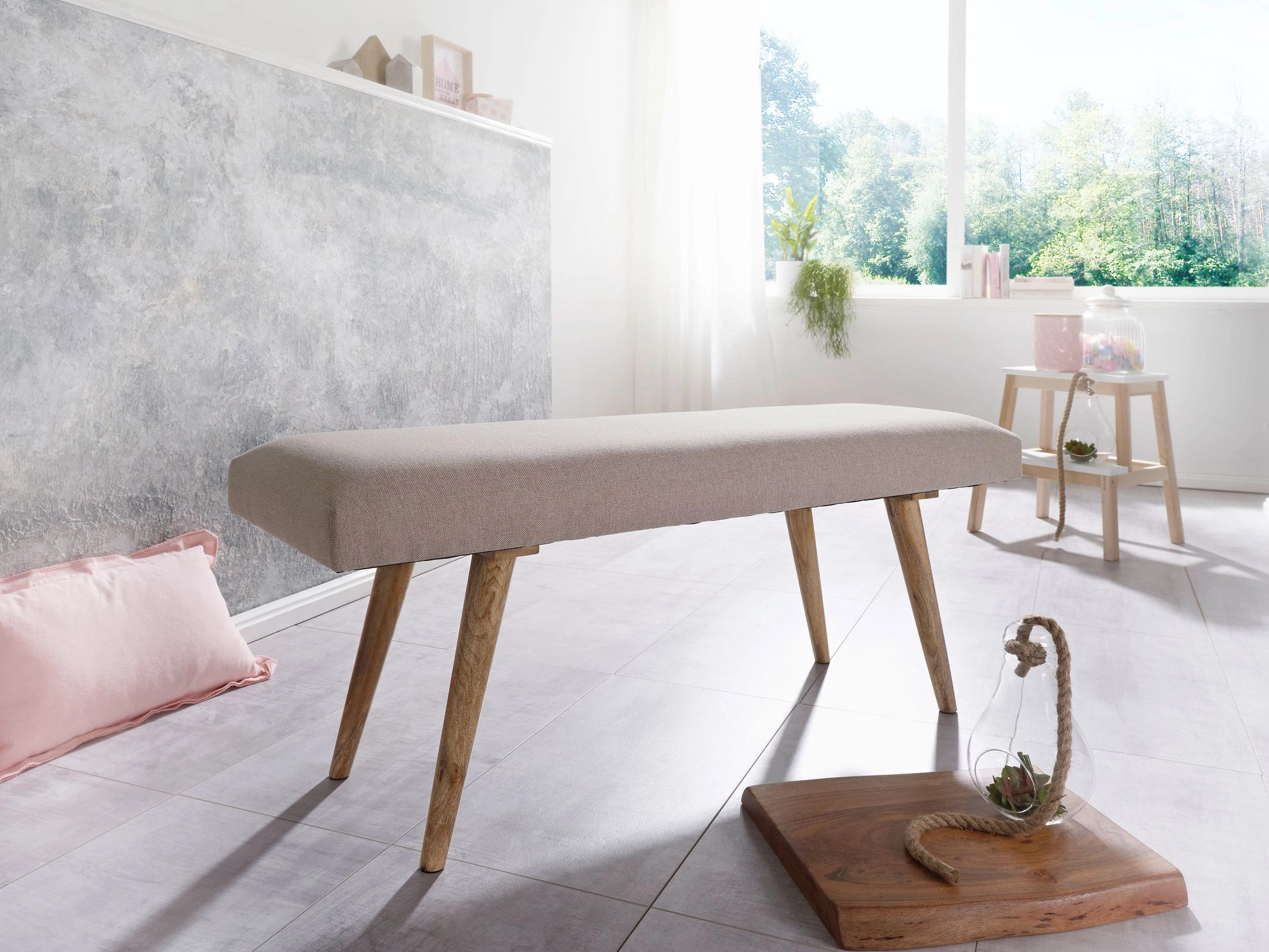 FineBuy Sitzbank Stoff / Massivholz Bank beige 117x51x38 cm im Retro Stil, 2er Polsterbank Flur, Gepolsterte Stoffbank Esszimmer braun, Kleine Bettbank Baumwolle, Flurbank Dielenmöbel schmal
