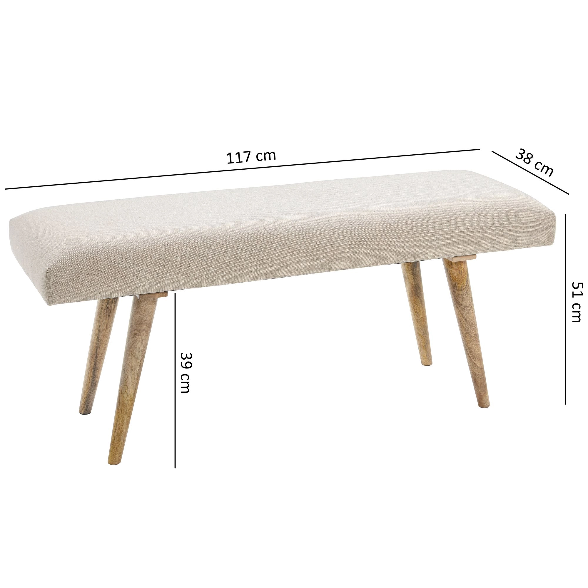 FineBuy Sitzbank Stoff / Massivholz Bank beige 117x51x38 cm im Retro Stil, 2er Polsterbank Flur, Gepolsterte Stoffbank Esszimmer braun, Kleine Bettbank Baumwolle, Flurbank Dielenmöbel schmal