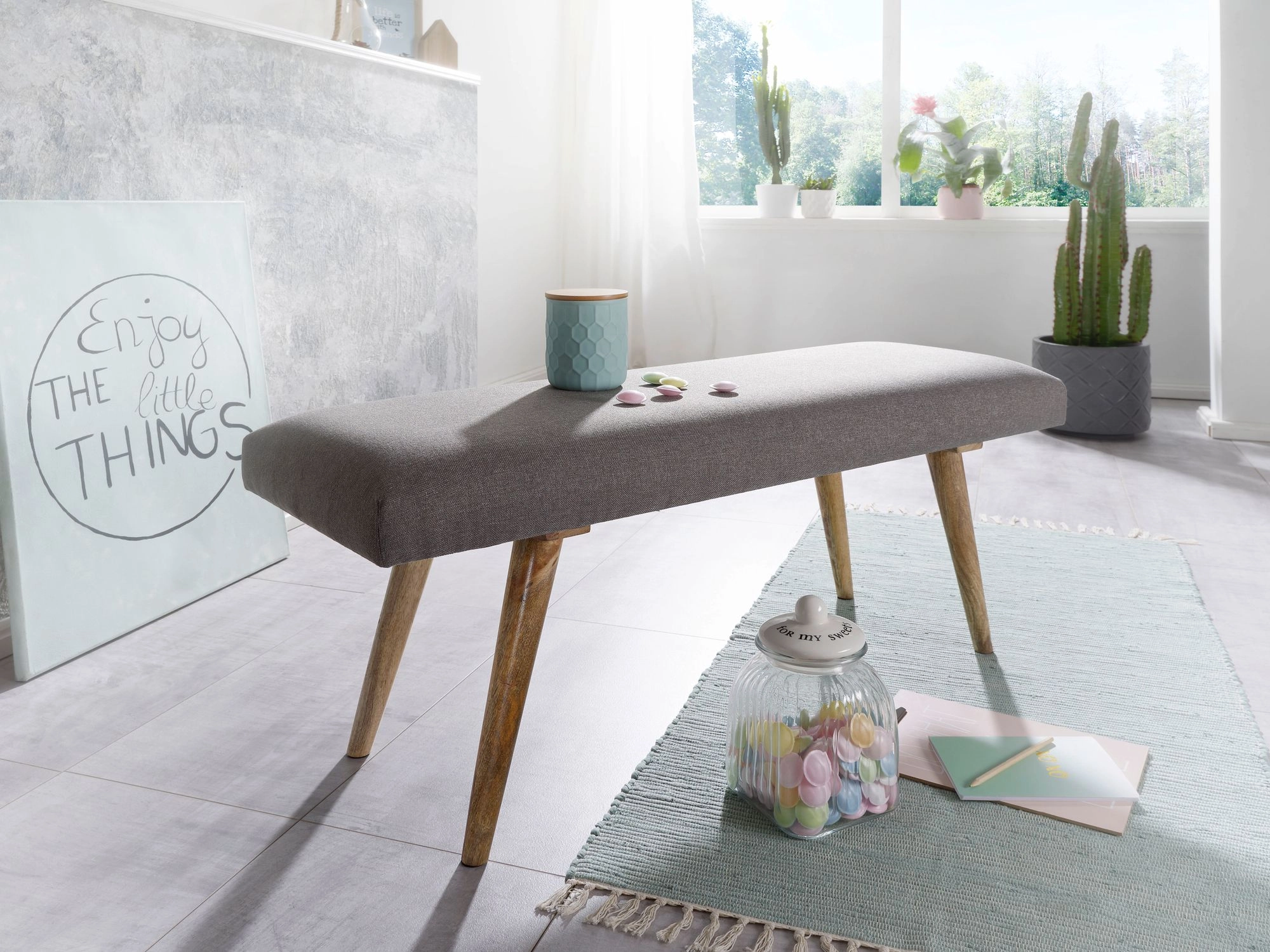 FineBuy Sitzbank Stoff / Massivholz Bank grau 117x51x38 cm im Retro Stil, 2er Polsterbank Flur, Gepolsterte Stoffbank Esszimmer braun, Kleine Bettbank Baumwolle, Flurbank Dielenmöbel schmal