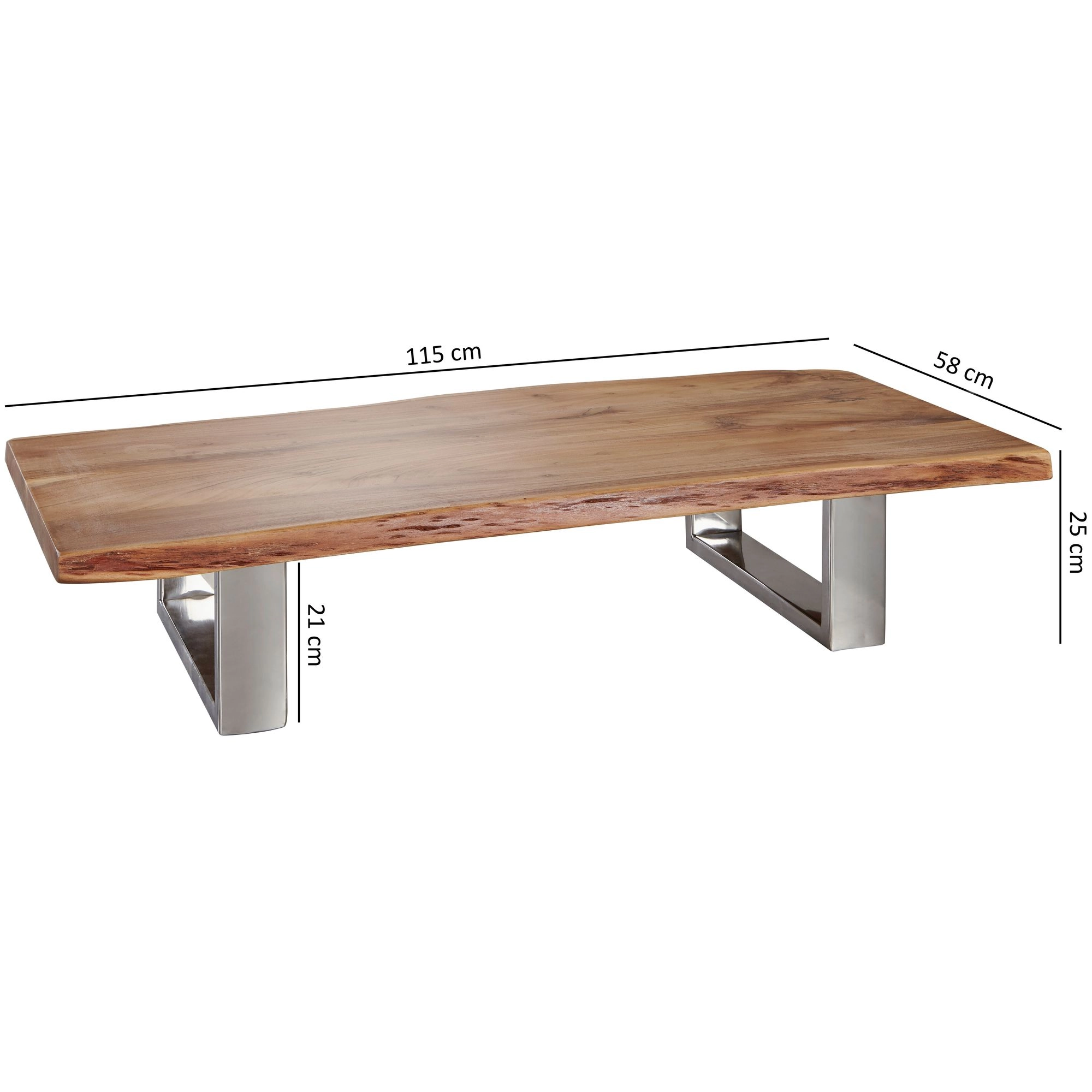 FineBuy Couchtisch 115 x 25 x 58 cm Akazie Massiv Holz Metallgestell groß, Baumstamm Wohnzimmertisch Massivholz Braun, Baumkante Sofatisch Landhaus Holztisch, Tisch Wohnzimmer Stubentisch