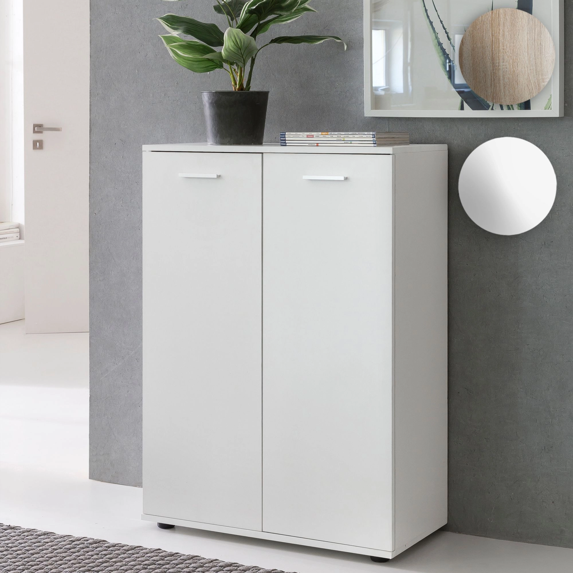 FineBuy Kommode mit 2 Türen 71x104x35cm Mehrzweckschrank Holz, Flurschrank hell modern, Schrank klein, Anrichte Sideboard matt, Kommodenschrank Flurmöbel