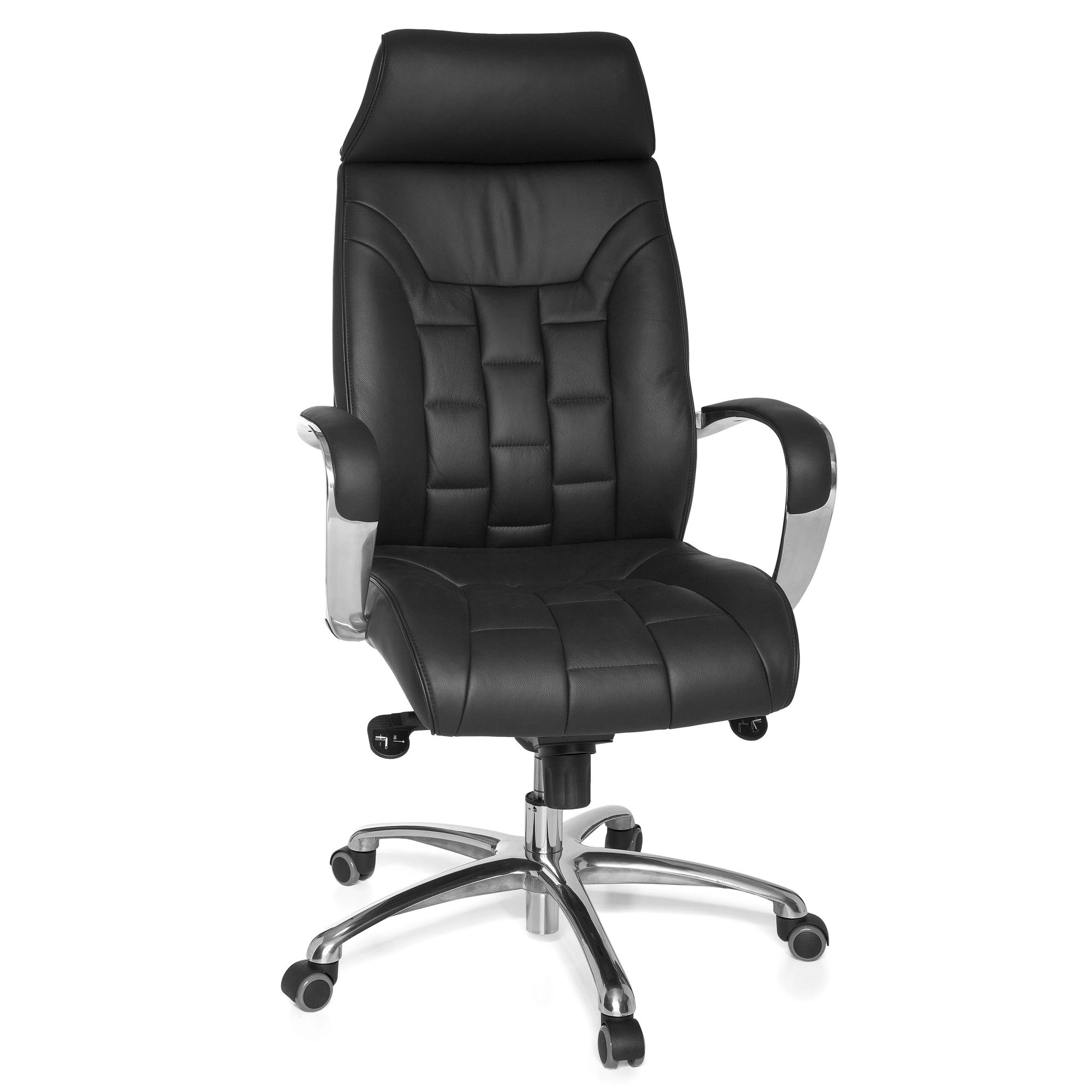 FineBuy Bürostuhl Echtleder schwarz Schreibtischstuhl bis 120kg X-XL Wippfunktion Chefsessel Armlehnen Drehstuhl