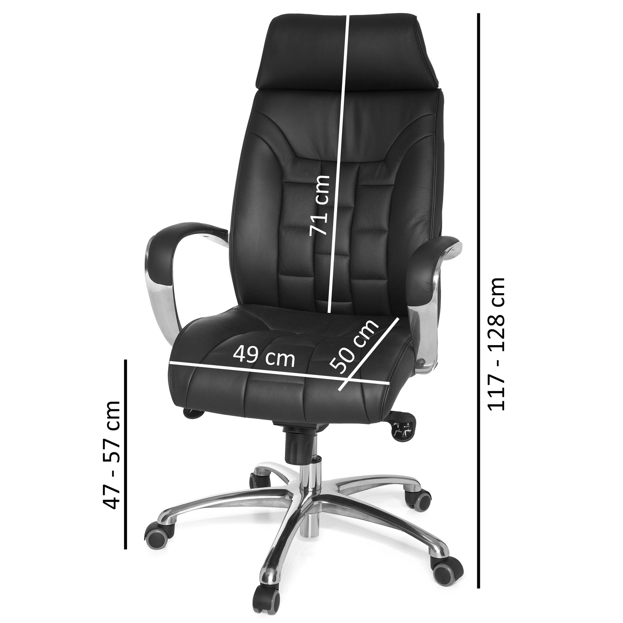 FineBuy Bürostuhl Echtleder schwarz Schreibtischstuhl bis 120kg X-XL Wippfunktion Chefsessel Armlehnen Drehstuhl