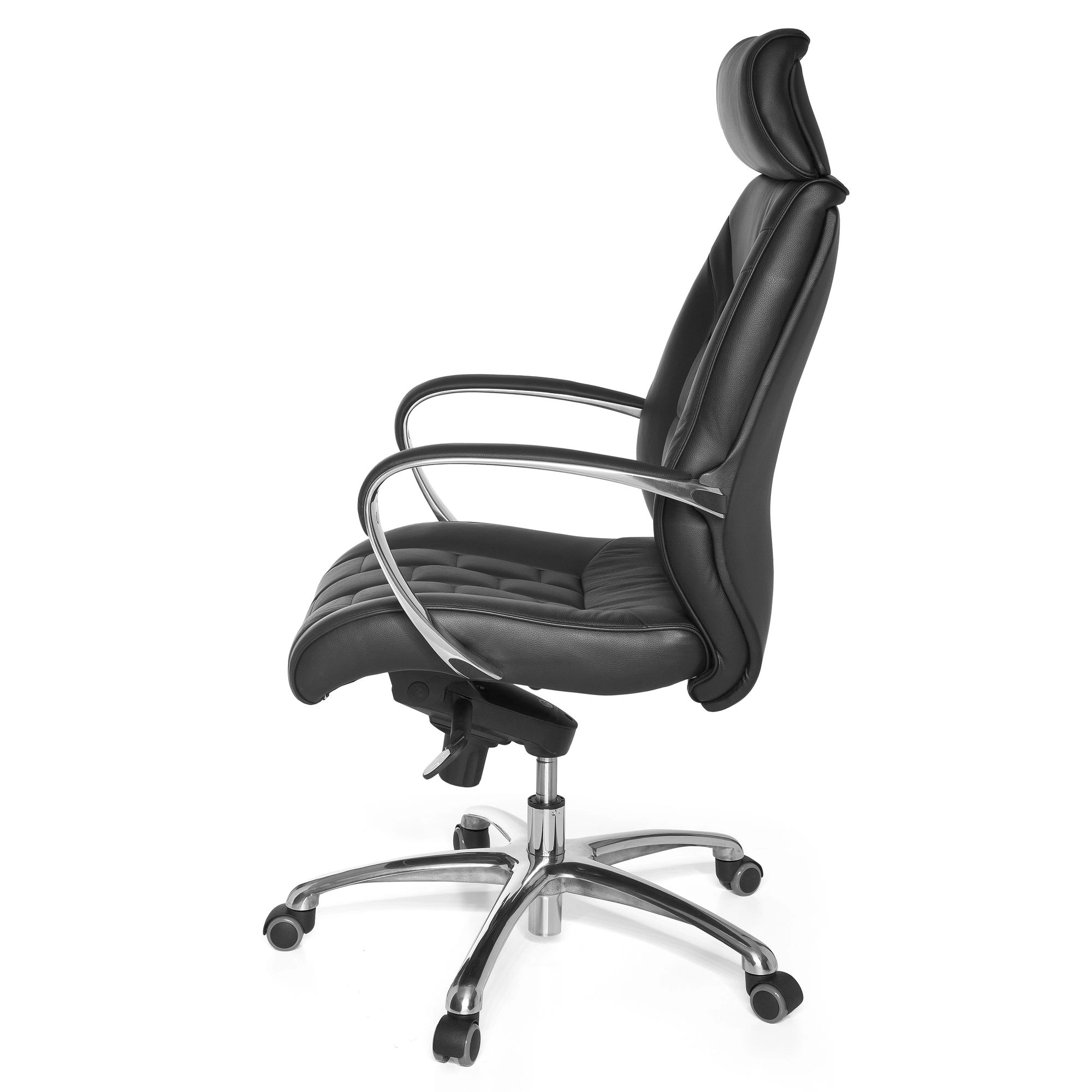 FineBuy Bürostuhl Echtleder schwarz Schreibtischstuhl bis 120kg X-XL Wippfunktion Chefsessel Armlehnen Drehstuhl
