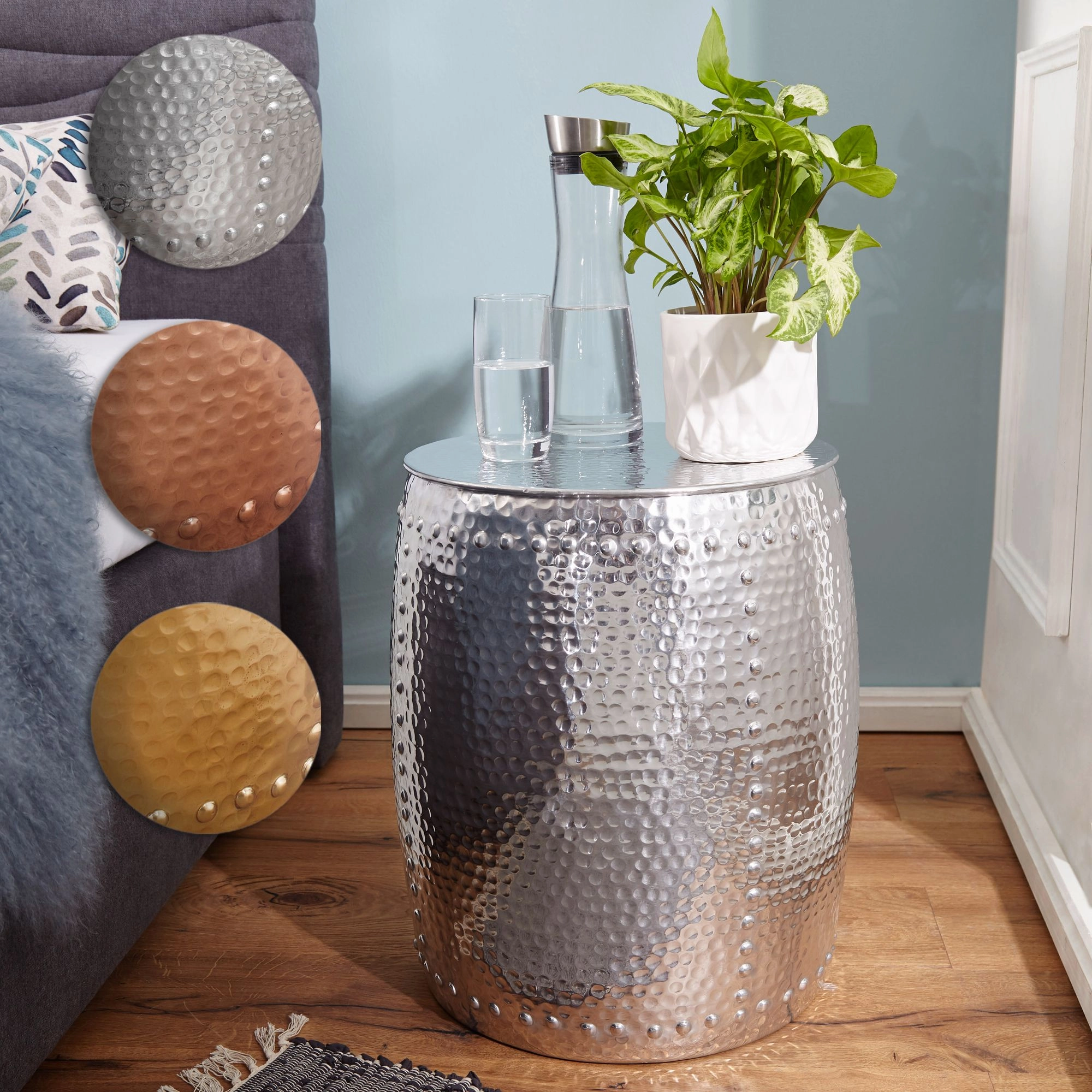 FineBuy Beistelltisch 42 x 49 x 42 cm Aluminium Dekotisch orientalisch rund, Kleiner Hammerschlag Abstelltisch, Designer Ablagetisch Metall modern, Anstelltisch schmal
