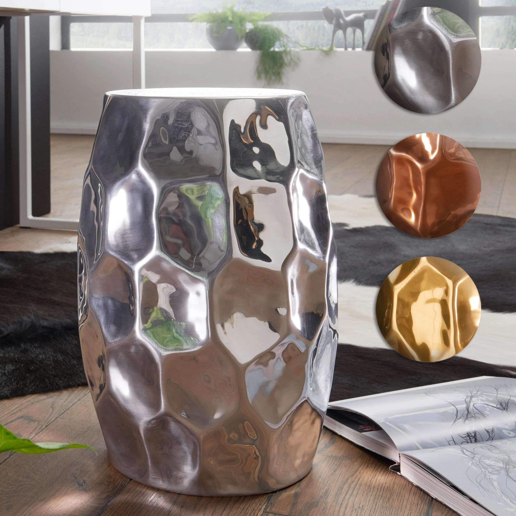 FineBuy Beistelltisch 30 x 47 x 30 cm Aluminium Dekotisch orientalisch rund, Kleiner Hammerschlag Abstelltisch, Designer Ablagetisch Metall modern, Kleiner Anstelltisch schmal