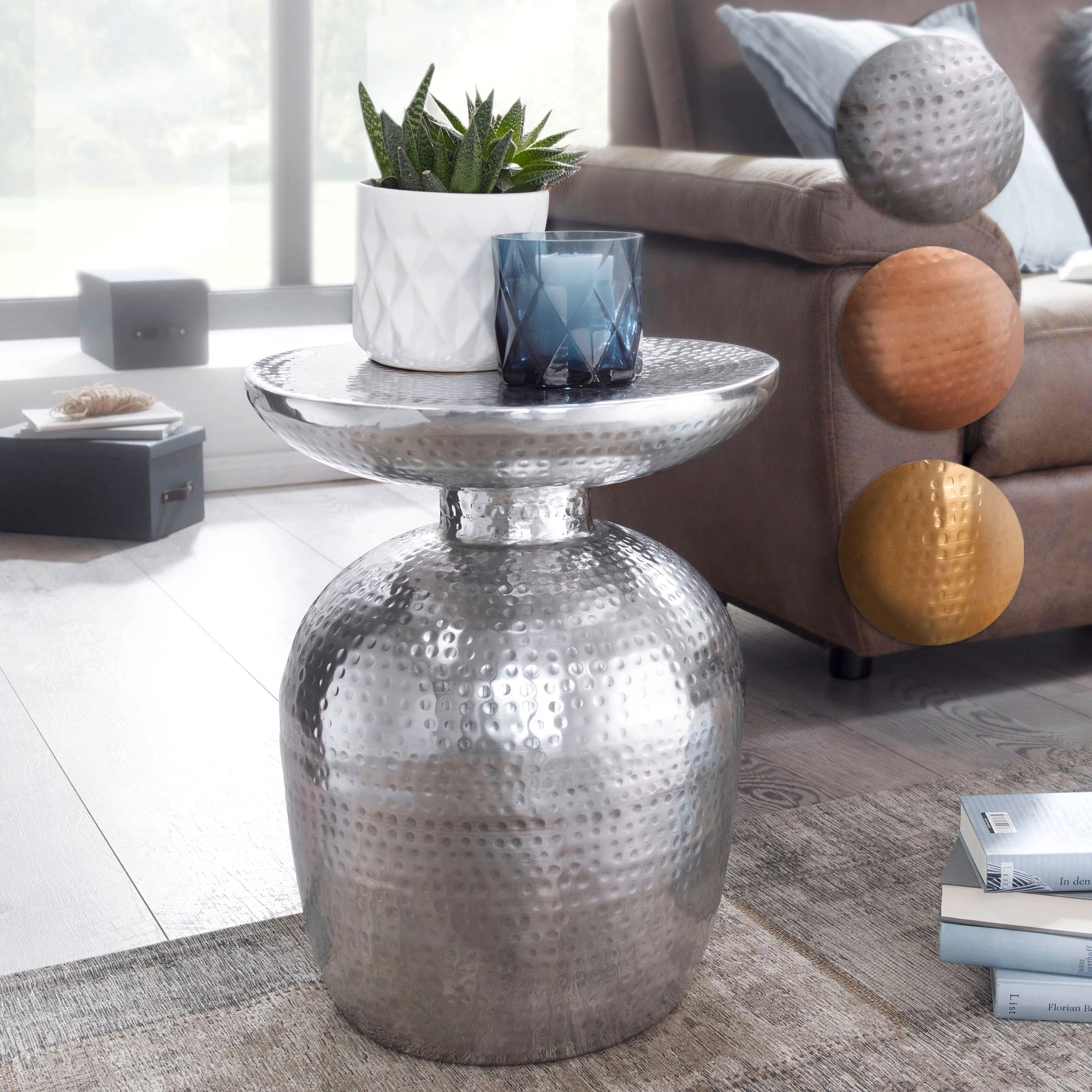FineBuy Design Beistelltisch 36,5 x 46 x 36,5 cm Aluminium Dekotisch orientalisch rund, Designer Ablagetisch Metall modern, Anstelltisch schmal , Kleiner Hammerschlag Abstelltisch