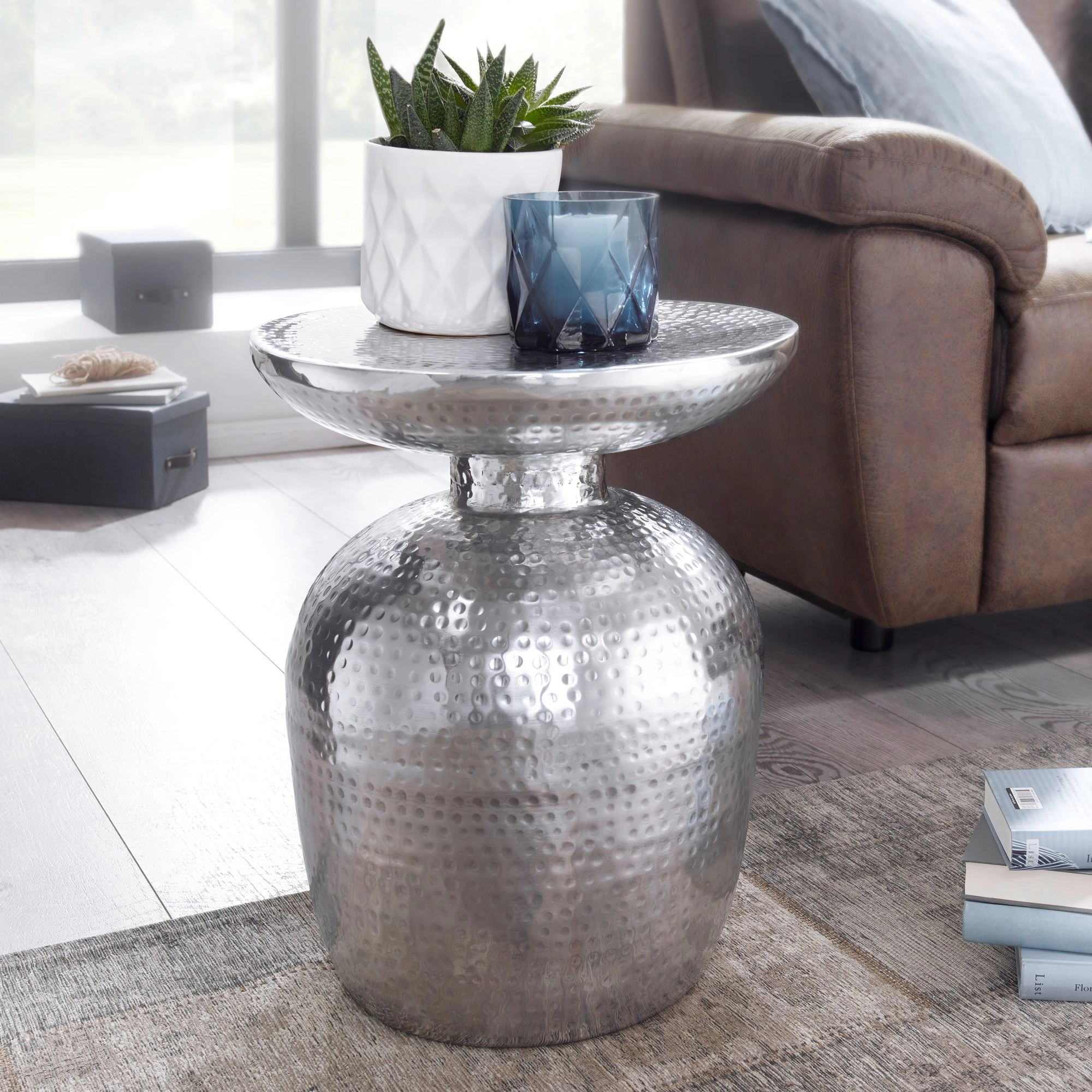 FineBuy Design Beistelltisch 36,5 x 46 x 36,5 cm Aluminium Dekotisch orientalisch rund, Designer Ablagetisch Metall modern, Anstelltisch schmal , Kleiner Hammerschlag Abstelltisch