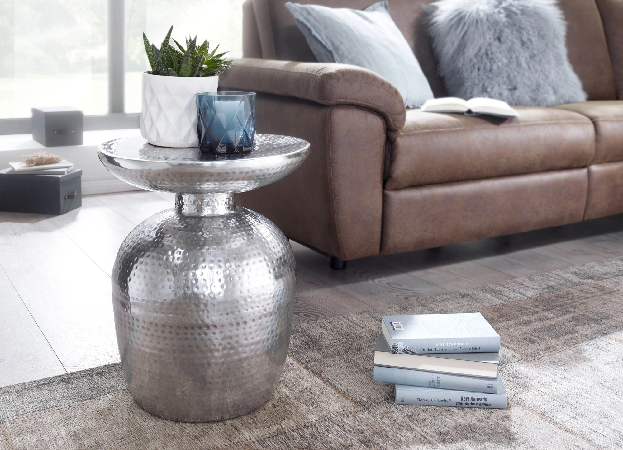 FineBuy Design Beistelltisch 36,5 x 46 x 36,5 cm Aluminium Dekotisch orientalisch rund, Designer Ablagetisch Metall modern, Anstelltisch schmal , Kleiner Hammerschlag Abstelltisch