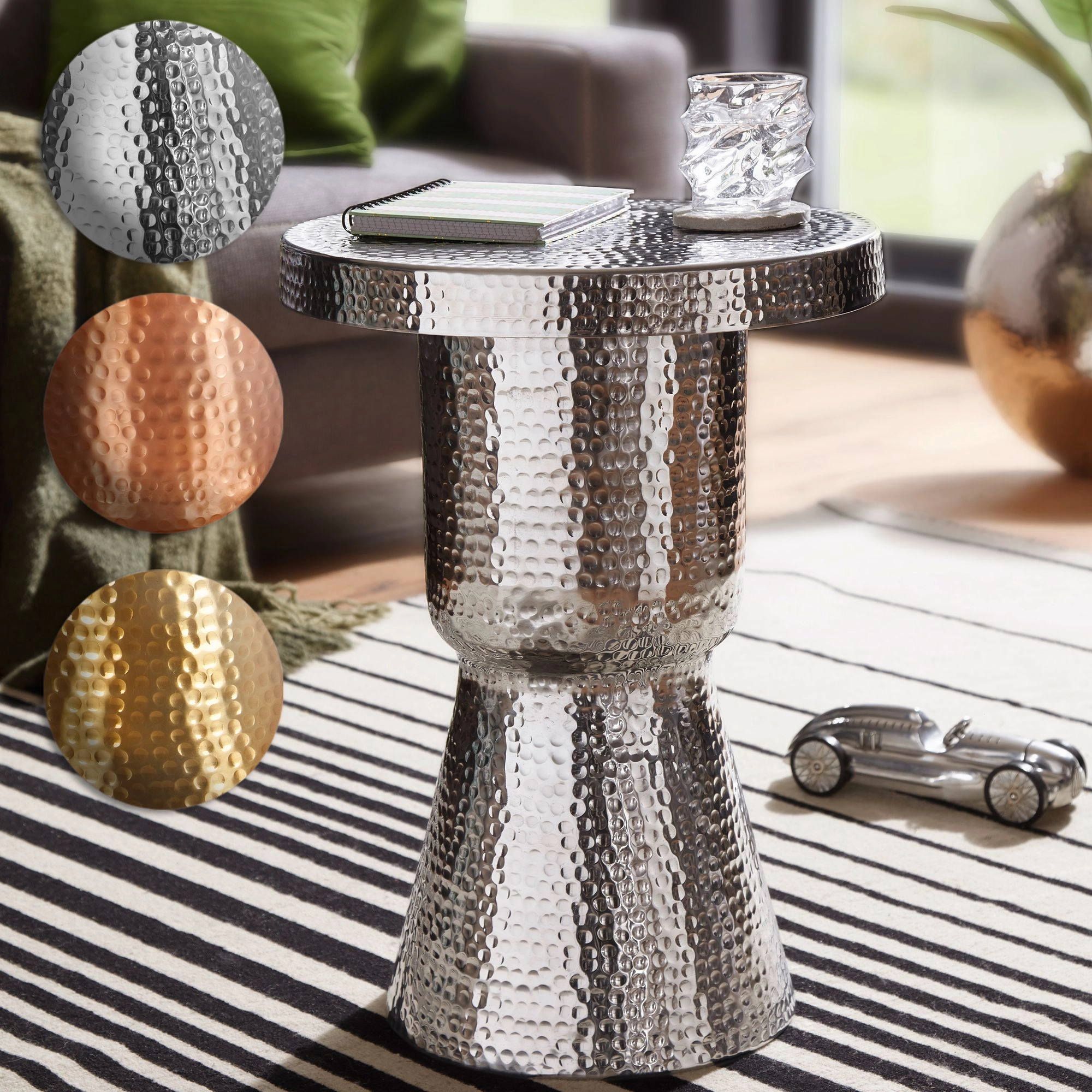 FineBuy Design Beistelltisch 43 x 59 x 43 cm Aluminium Dekotisch Orientalisch rund, Designer Ablagetisch Metall modern, Anstelltisch schmal, Kleiner Hammerschlag Abstelltisch