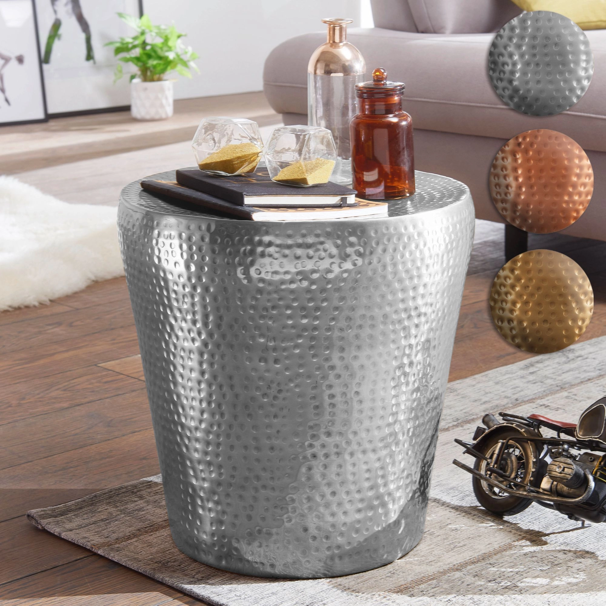FineBuy Beistelltisch 41 x 41 x 41 cm Aluminium Dekotisch orientalisch rund, Kleiner Hammerschlag Abstelltisch, Designer Ablagetisch Metall modern, Anstelltisch schmal