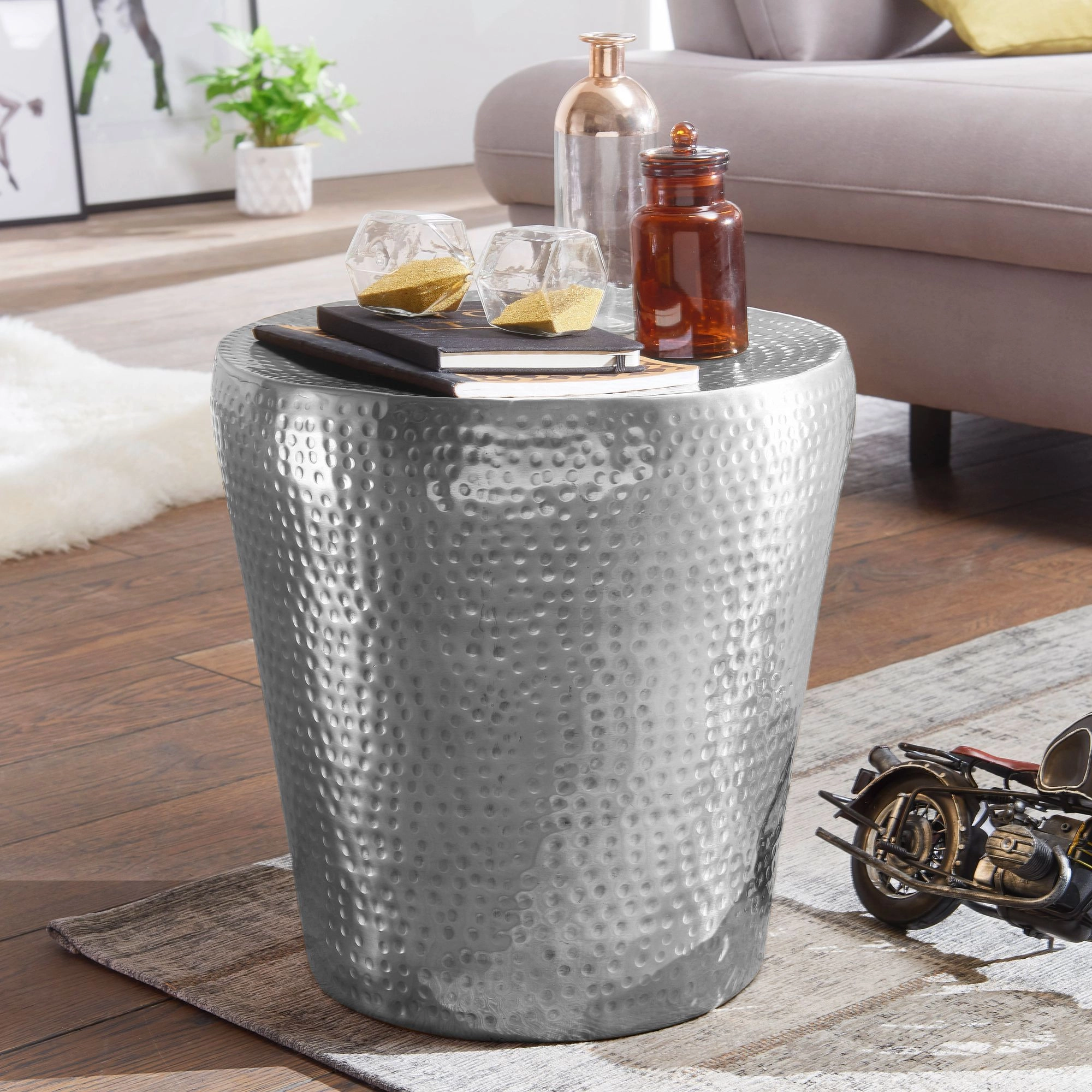 FineBuy Beistelltisch 41 x 41 x 41 cm Aluminium Dekotisch orientalisch rund, Kleiner Hammerschlag Abstelltisch, Designer Ablagetisch Metall modern, Anstelltisch schmal