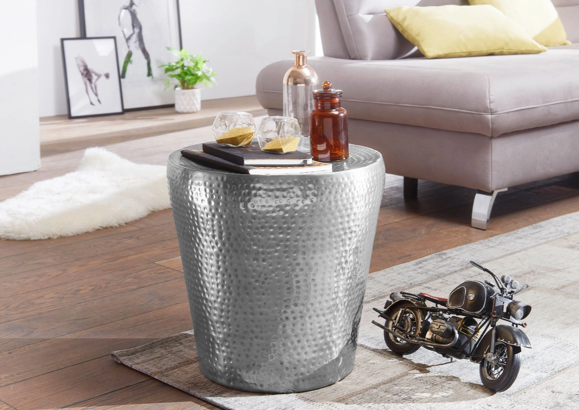 FineBuy Beistelltisch 41 x 41 x 41 cm Aluminium Dekotisch orientalisch rund, Kleiner Hammerschlag Abstelltisch, Designer Ablagetisch Metall modern, Anstelltisch schmal