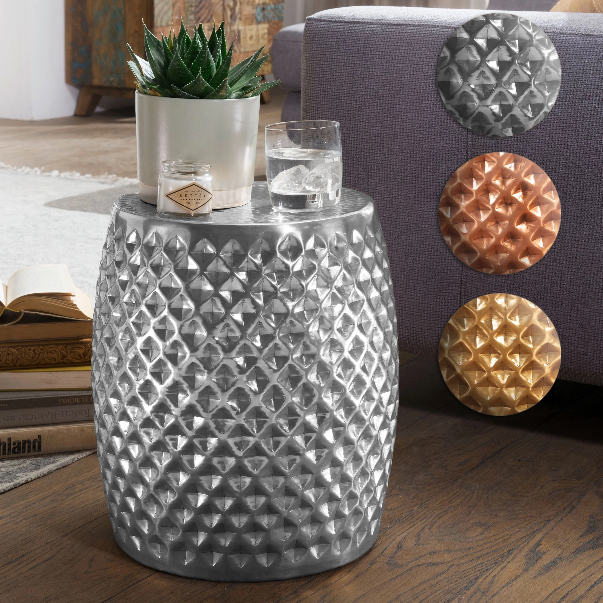 FineBuy Beistelltisch 32 x 42 x 32 cm Aluminium Anstelltisch Orientalisch rund, Flacher Hammerschlag Sofatisch Metall, Design Wohnzimmertisch modern, Ablagetisch Indisch Telefontisch klein