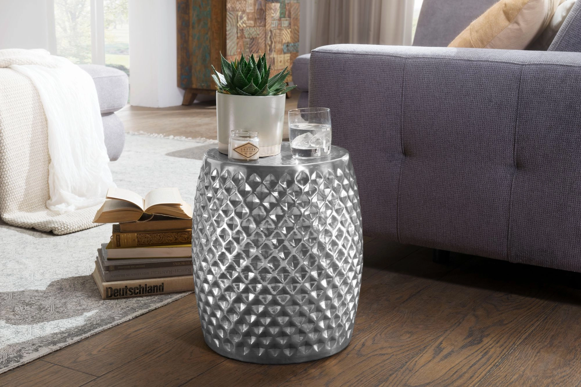 FineBuy Beistelltisch 32 x 42 x 32 cm Aluminium Anstelltisch Orientalisch rund, Flacher Hammerschlag Sofatisch Metall, Design Wohnzimmertisch modern, Ablagetisch Indisch Telefontisch klein