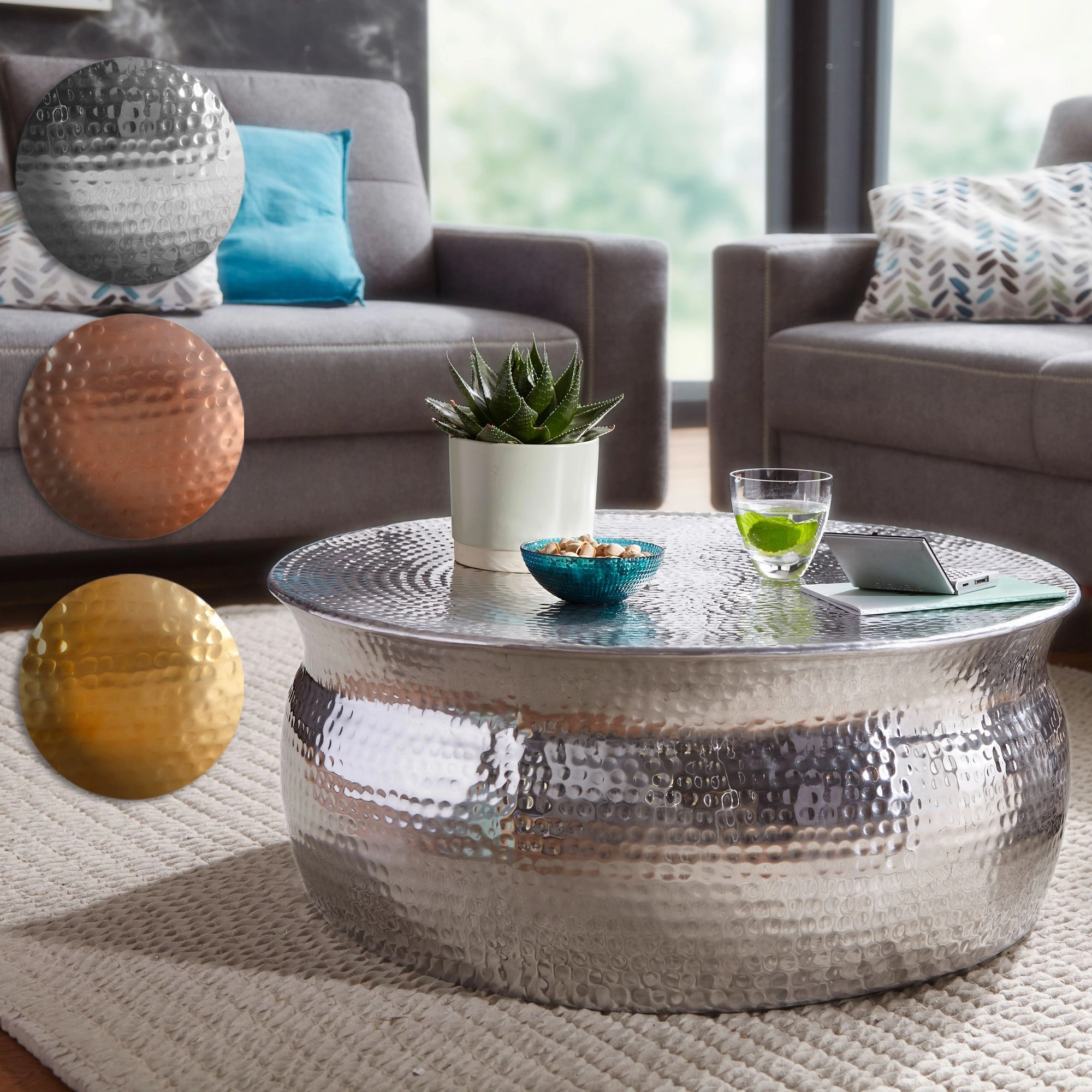 FineBuy Couchtisch 75 x 31 x 75 cm Aluminium Beistelltisch orientalisch rund, Flacher Hammerschlag Sofatisch Metall, Design Wohnzimmertisch modern, Loungetisch indisch Stubentisch klein