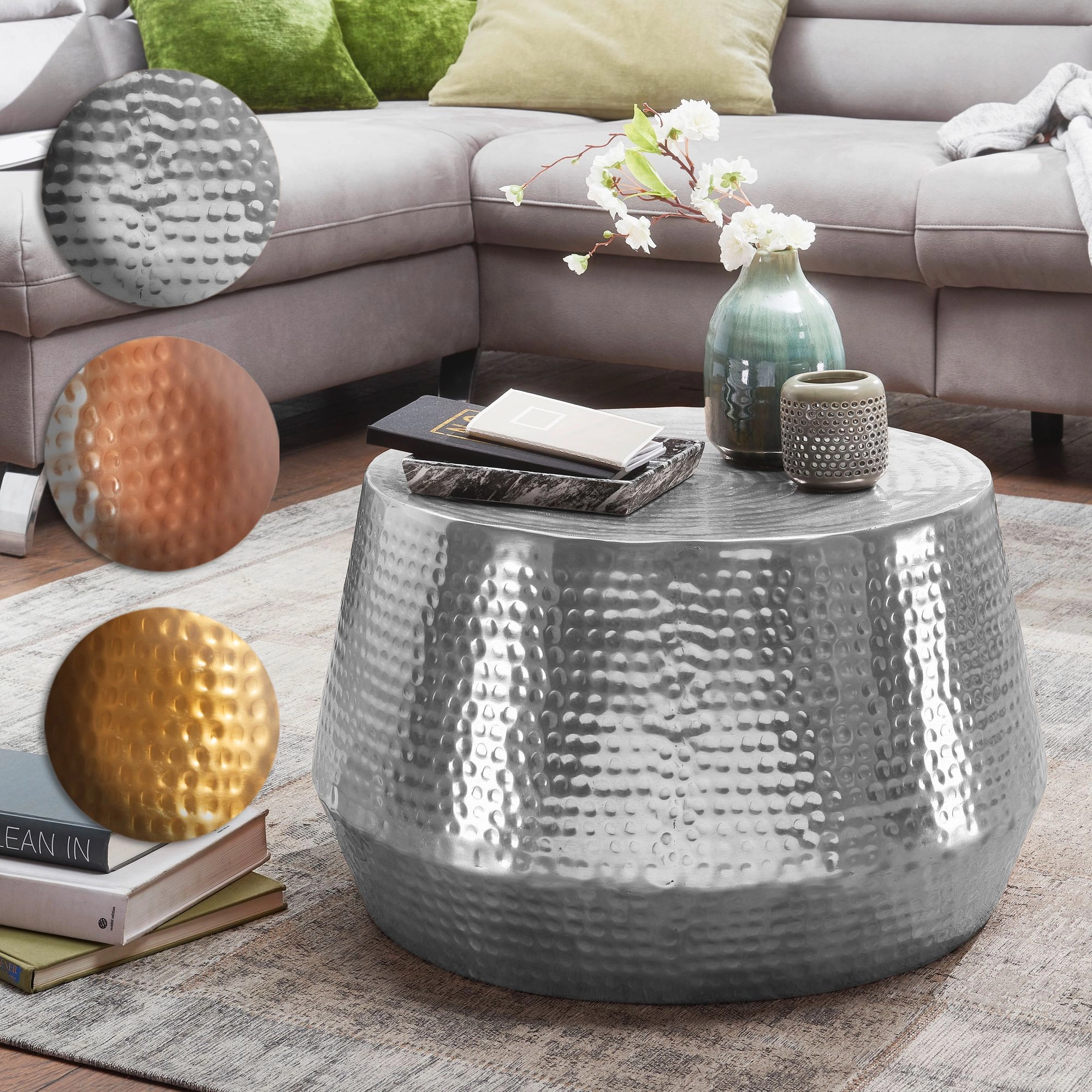 FineBuy Couchtisch 60 x 36 x 60 cm Aluminium Beistelltisch Orientalisch rund, Flacher Hammerschlag Sofatisch Metall, Design Wohnzimmertisch modern, Loungetisch indisch Stubentisch klein