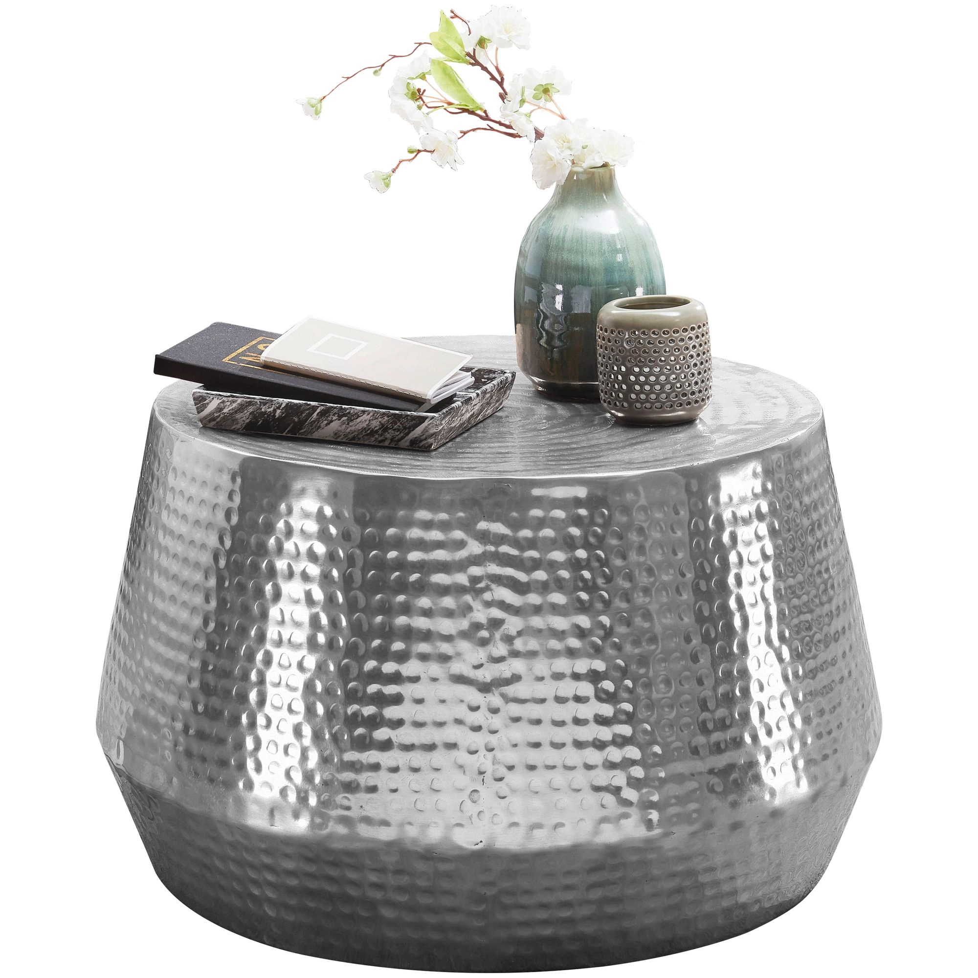 FineBuy Couchtisch 60 x 36 x 60 cm Aluminium Beistelltisch Orientalisch rund, Flacher Hammerschlag Sofatisch Metall, Design Wohnzimmertisch modern, Loungetisch indisch Stubentisch klein