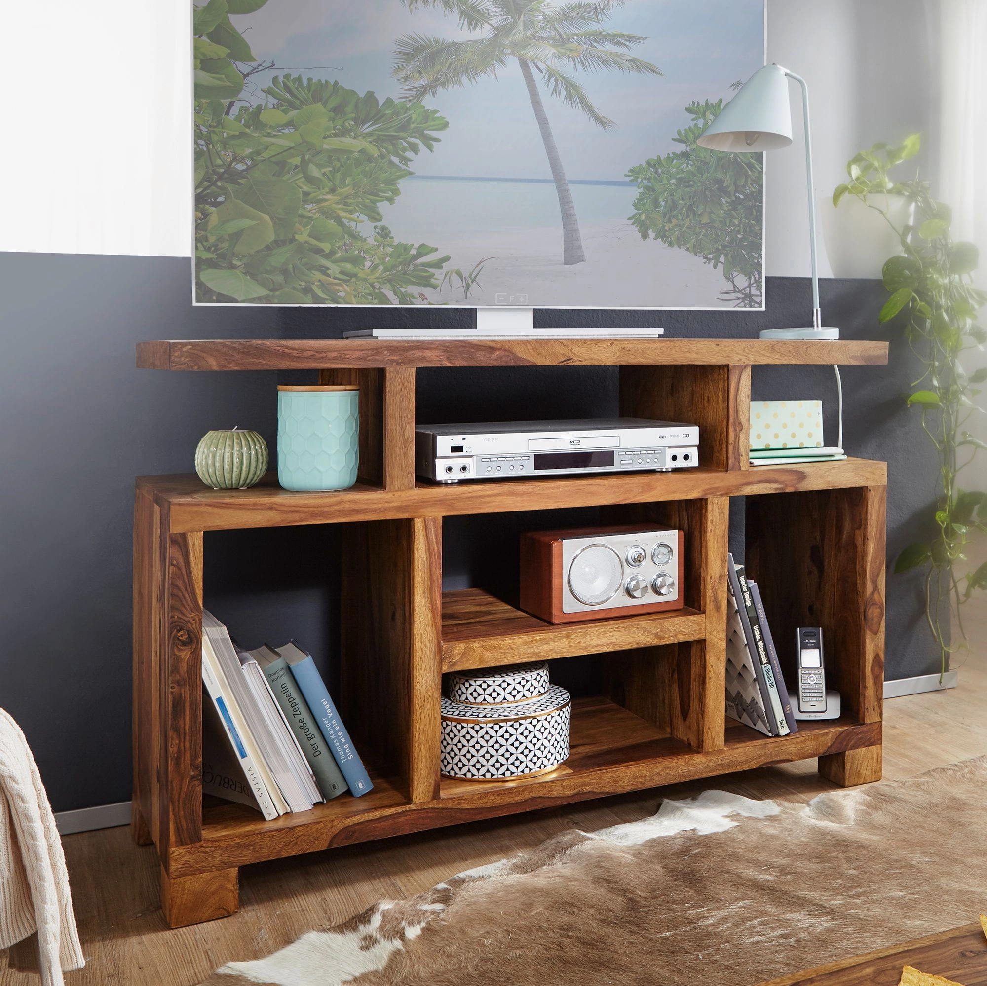 FineBuy Sideboard Sheesham Massivholz 115 x 76 x 40 cm Landhaus-Stil, Fernseh-Kommode mit Staufächern, TV-Schrank Anrichte Echt-Holz mit 4 Standbeinen