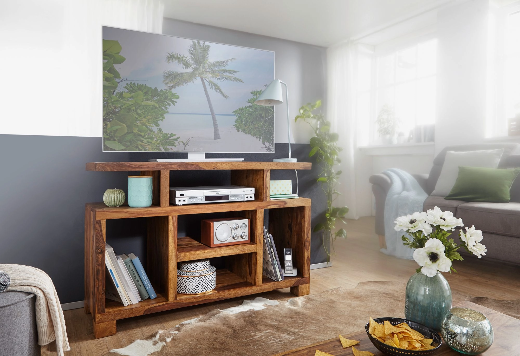 FineBuy Sideboard Sheesham Massivholz 115 x 76 x 40 cm Landhaus-Stil, Fernseh-Kommode mit Staufächern, TV-Schrank Anrichte Echt-Holz mit 4 Standbeinen