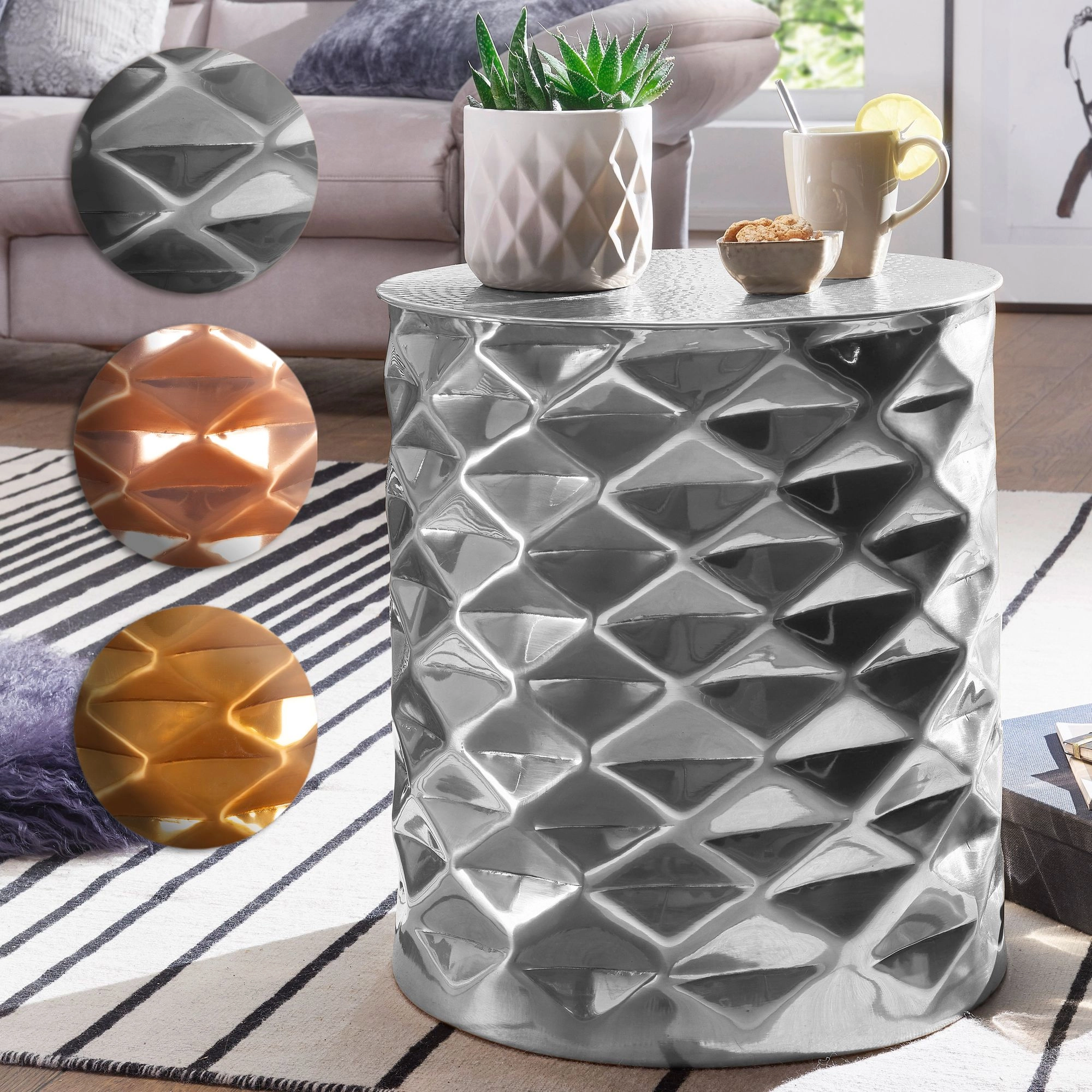 FineBuy Beistelltisch 43,5 x 48 x 43,5 cm Aluminium Couchtisch orientalisch rund, Flacher Hammerschlag Sofatisch Metall, Design Anstelltisch modern, Loungetisch indisch Stubentisch klein