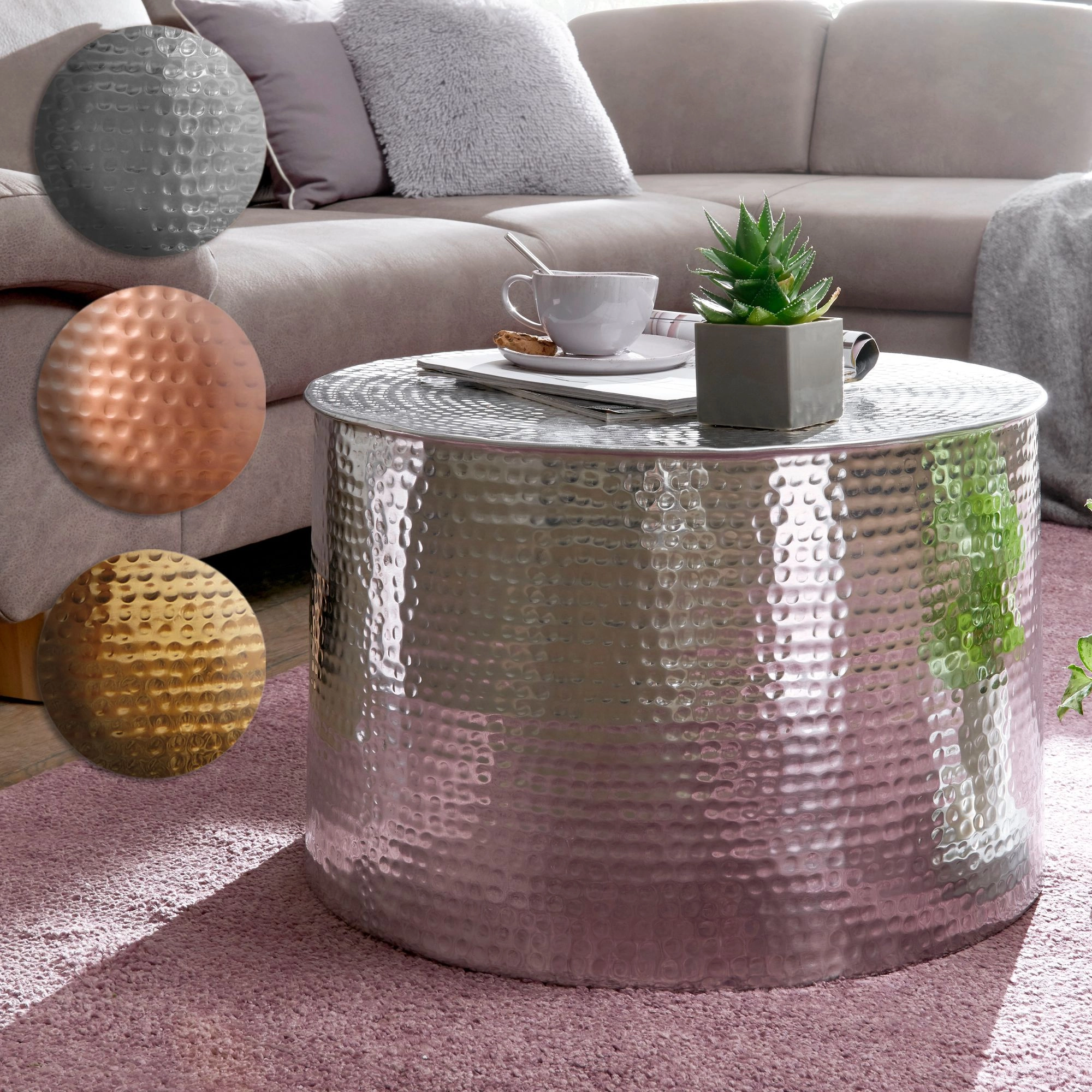 FineBuy Couchtisch 61 x 40,5 x 61 cm Aluminium Beistelltisch orientalisch rund, Flacher Hammerschlag Sofatisch Metall, Design Wohnzimmertisch modern, Loungetisch indisch Stubentisch klein