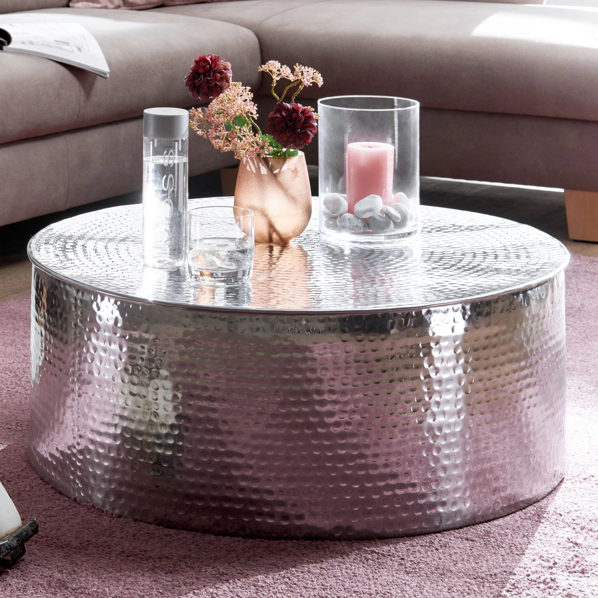 FineBuy Couchtisch 75x31x75 cm Aluminium Beistelltisch orientalisch rund, Flacher Hammerschlag Sofatisch Metall, Design Wohnzimmertisch modern, Loungetisch indisch Stubentisch klein
