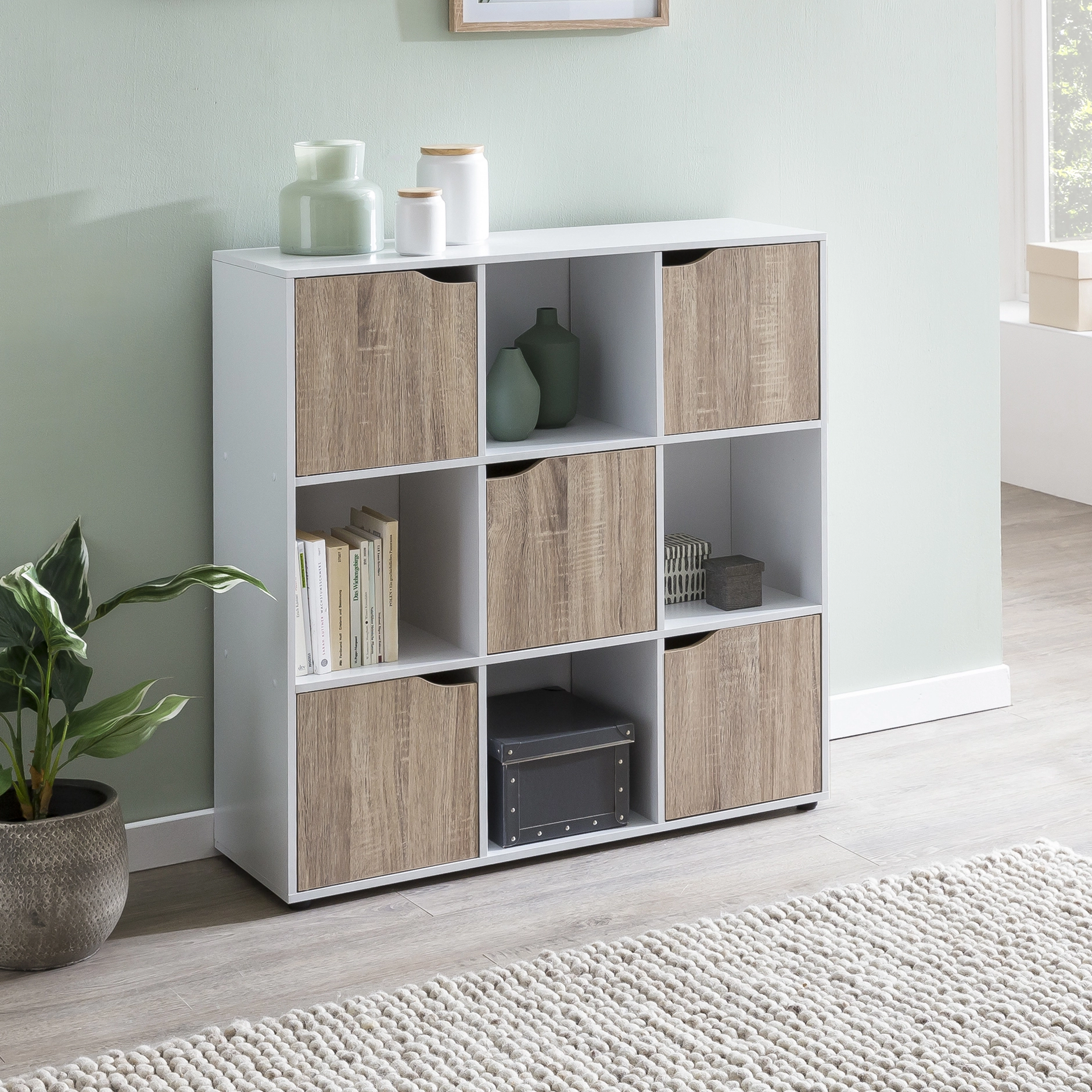 FineBuy Standregal MASSA 89 x 91 x 29 cm Bücherregal mit 9 Fächern Sonoma, Sideboard mit 5 Türen, Modernes Würfelregal Raumteiler, Flurschrank offen, Cuberegal Kommode Wohnregal